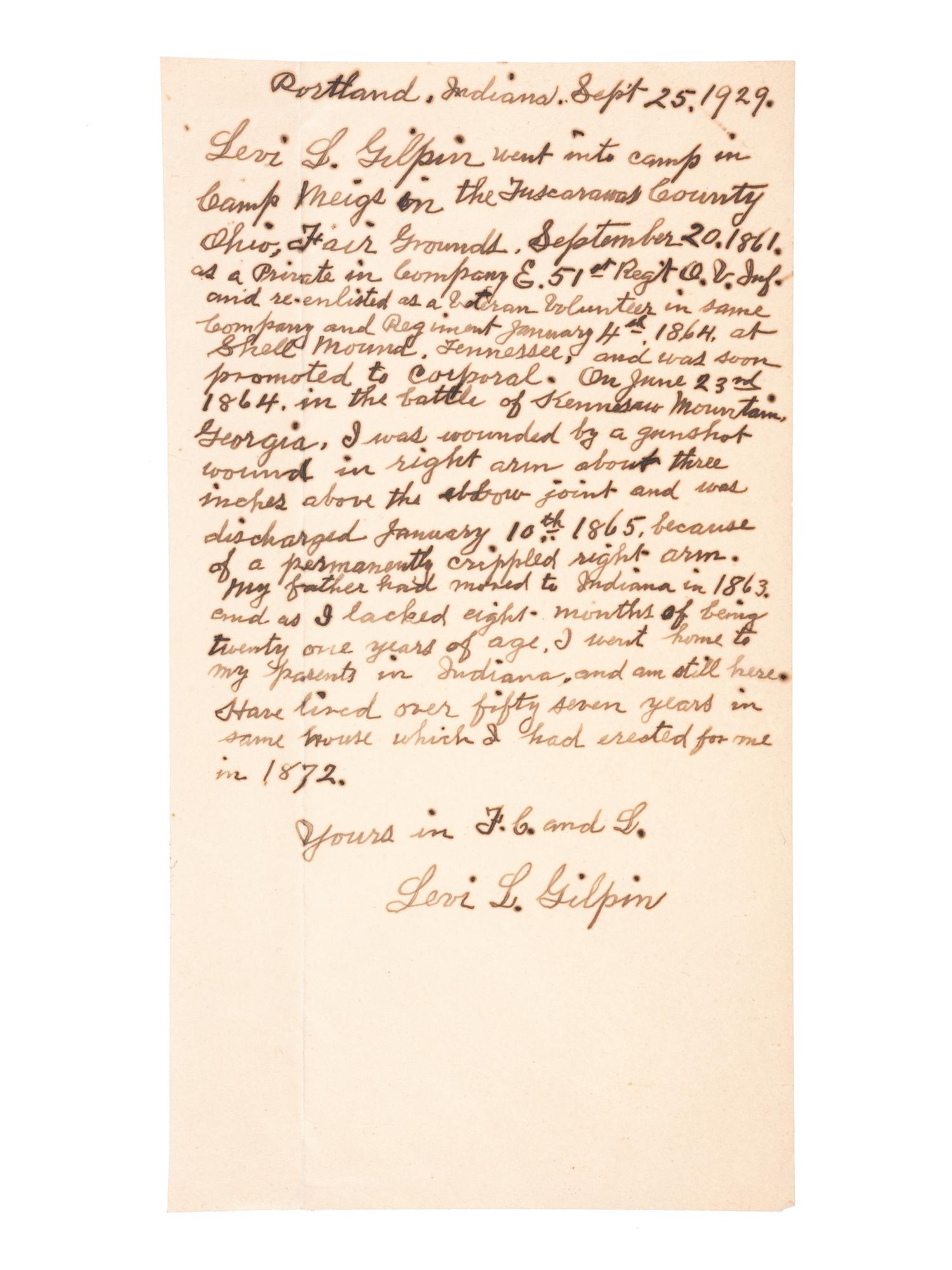 [CIVIL WAR] GILPIN, Levi L. (1844-1931). A group of 3 items identified to Corporal Levi L. Gilpin, 51st Ohio Volunteer Infantry, comprising: