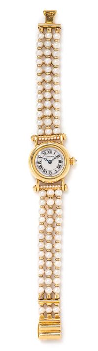 An 18 Karat Yellow Gold, Diamond and Cultured Pearl Ref. 1471 'Diabolo' Wristwatch, Cartier, 28.40 dwts.