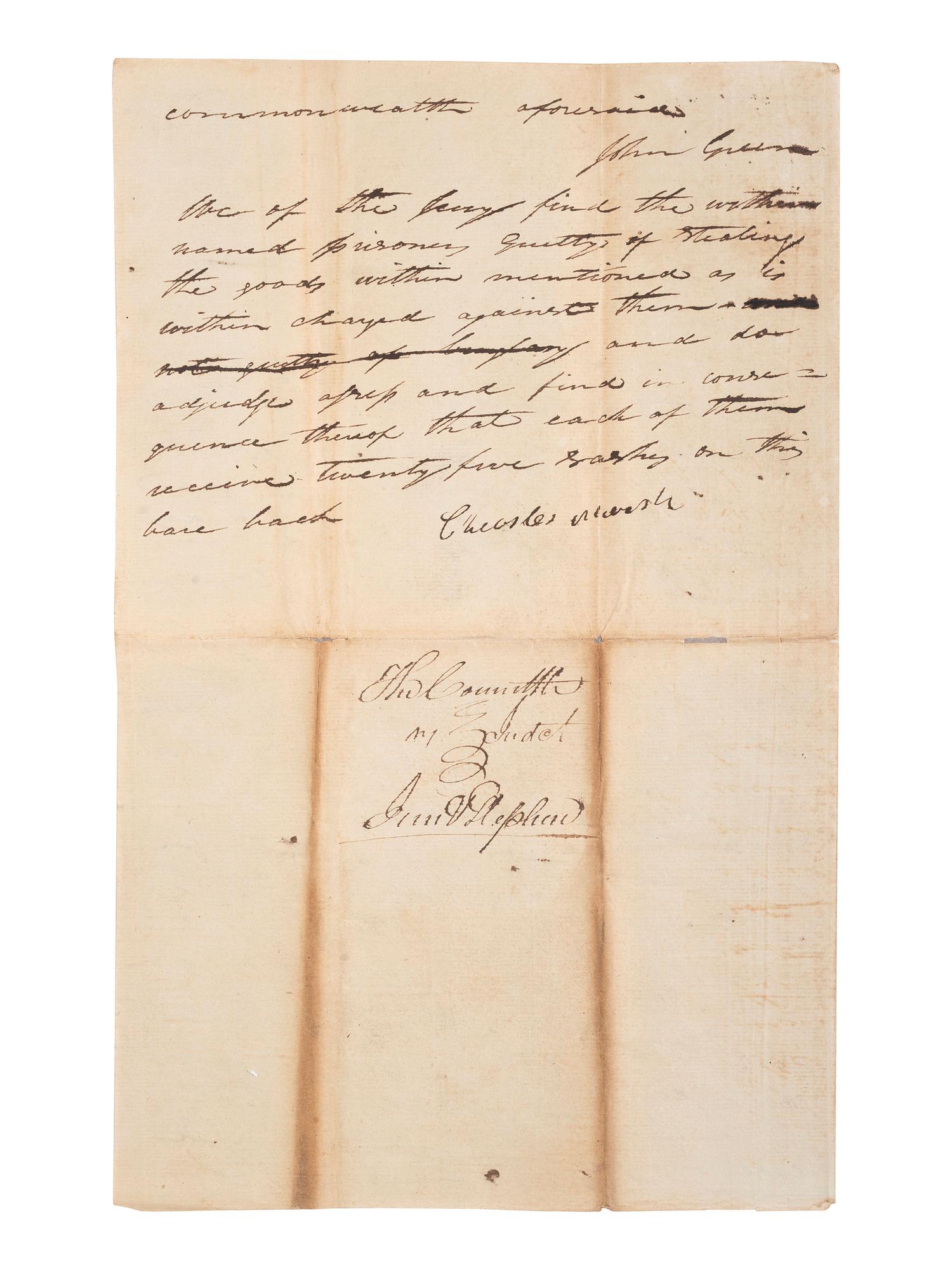 [ENSLAVEMENT & ABOLITION]. A collection of 4 documents related to the arrest and trial of enslaved men "Stephen" and "Jim," who were convicted of stealing. Lincoln County, KY. 1815.