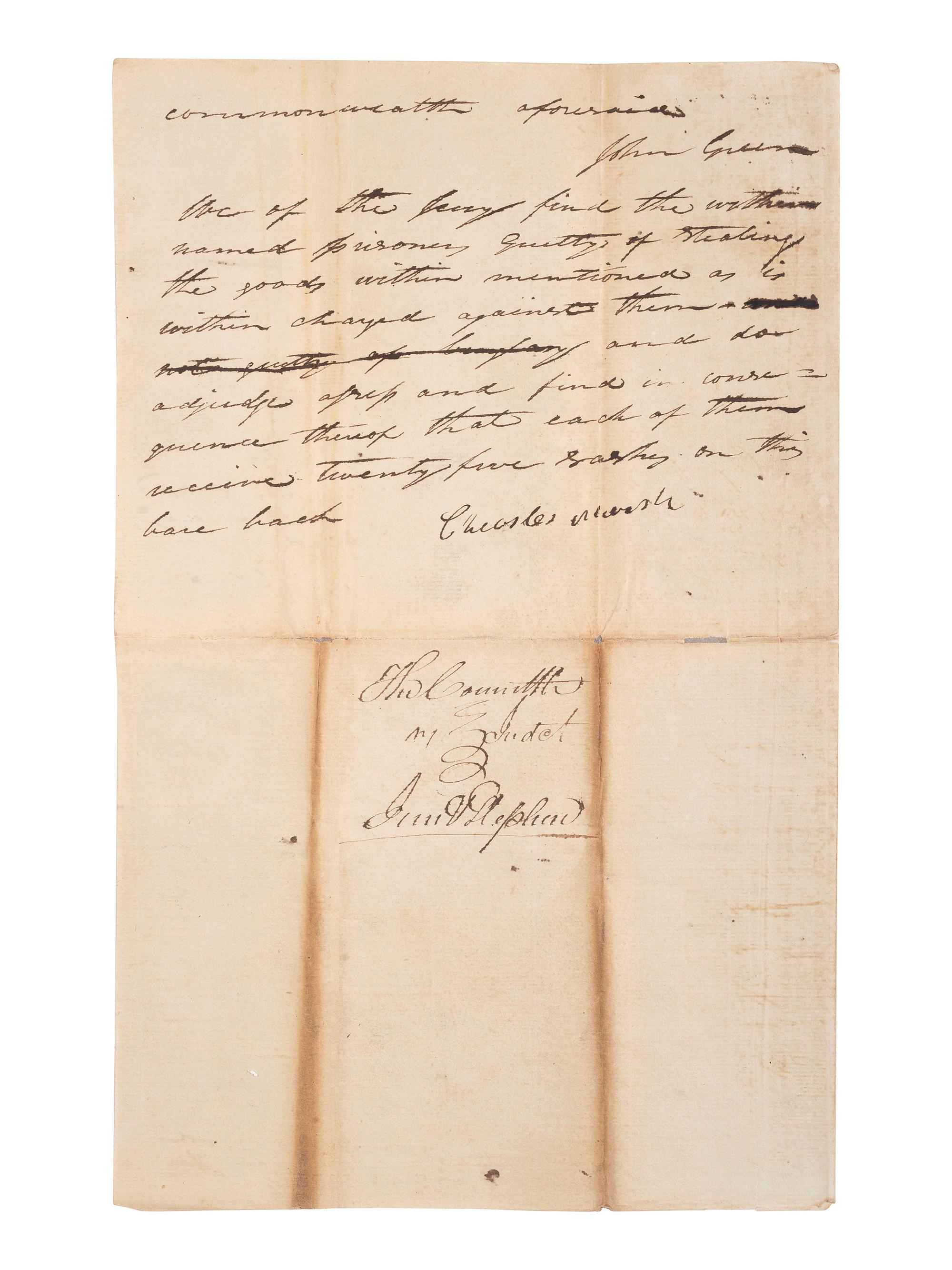 [ENSLAVEMENT & ABOLITION]. A collection of 4 documents related to the arrest and trial of enslaved men "Stephen" and "Jim," who were convicted of stealing. Lincoln County, KY. 1815.