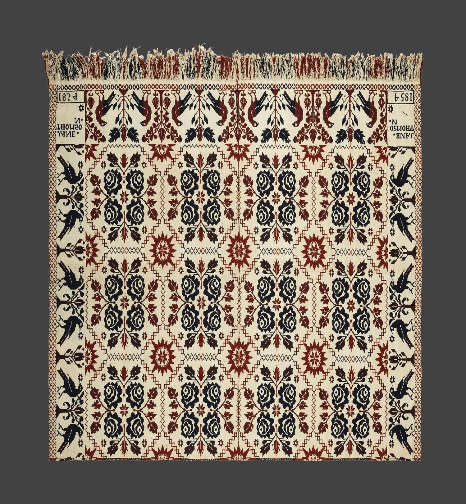 A Double Rose and Bird Pattern Jacquard Coverlet