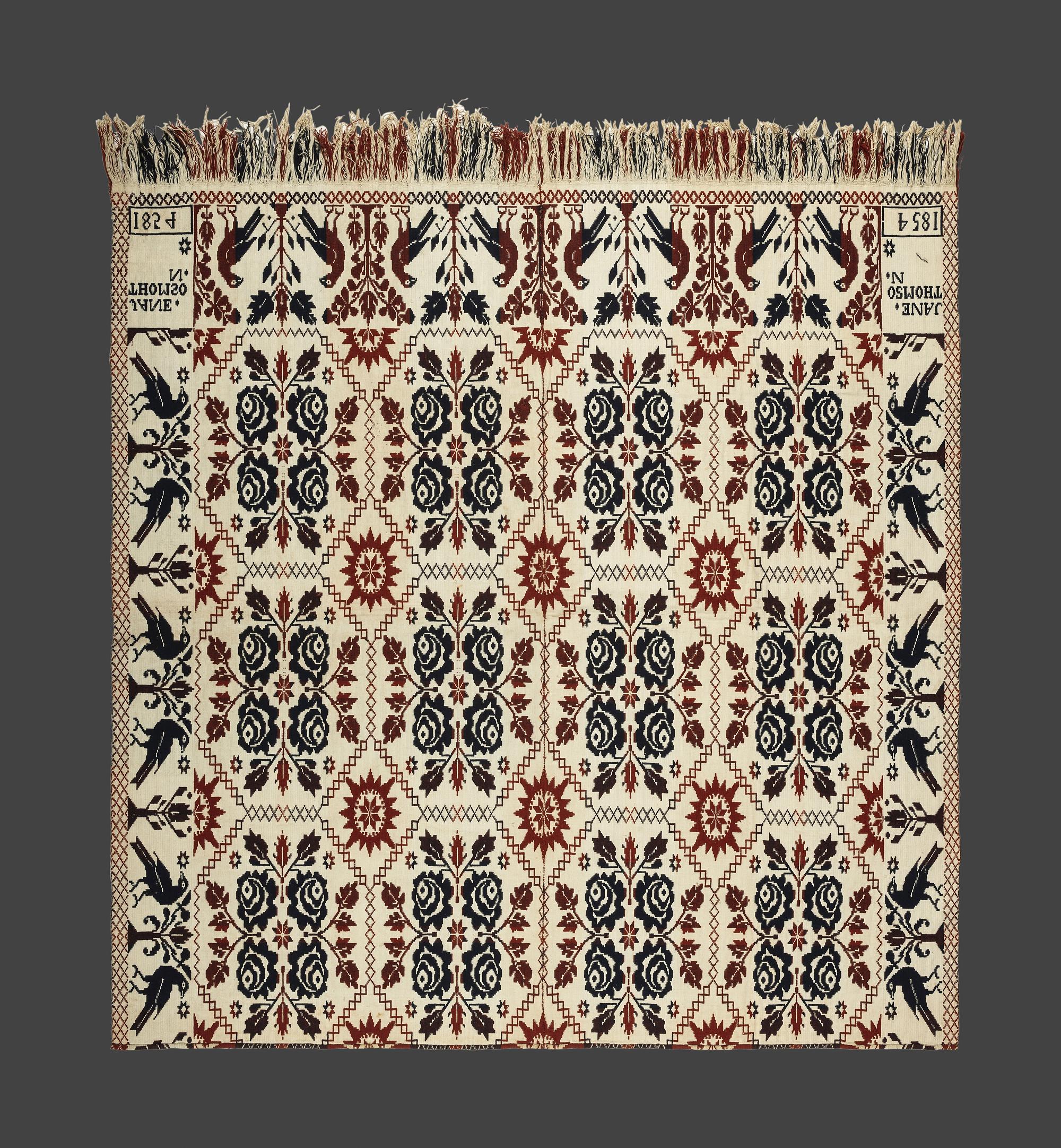 A Double Rose and Bird Pattern Jacquard Coverlet