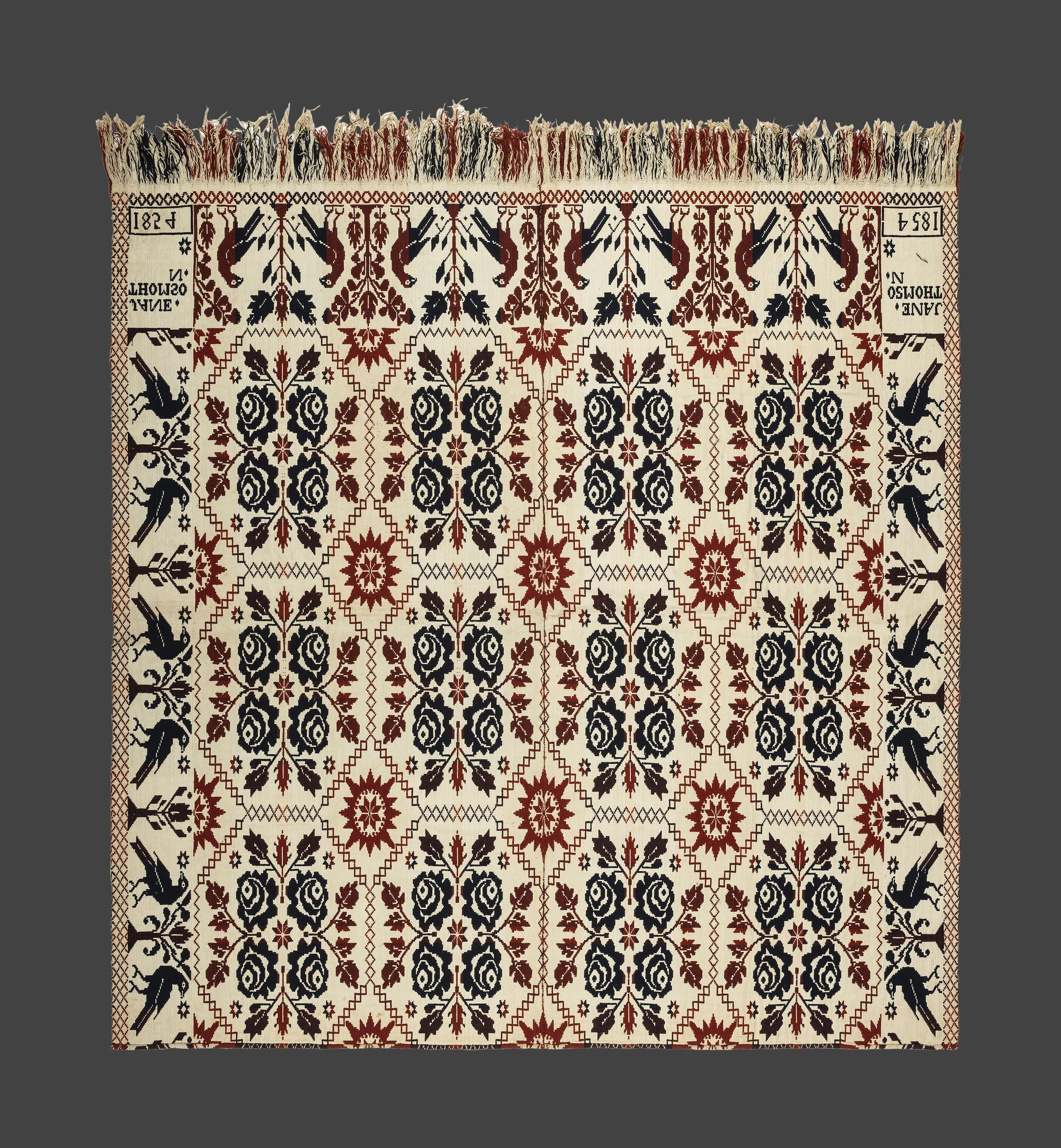 A Double Rose and Bird Pattern Jacquard Coverlet