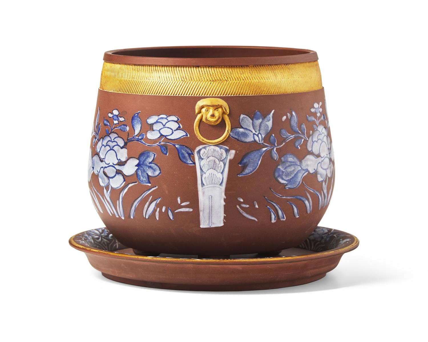 A Wedgwood Redware and Parcel-Gilt Jardinière and Liner