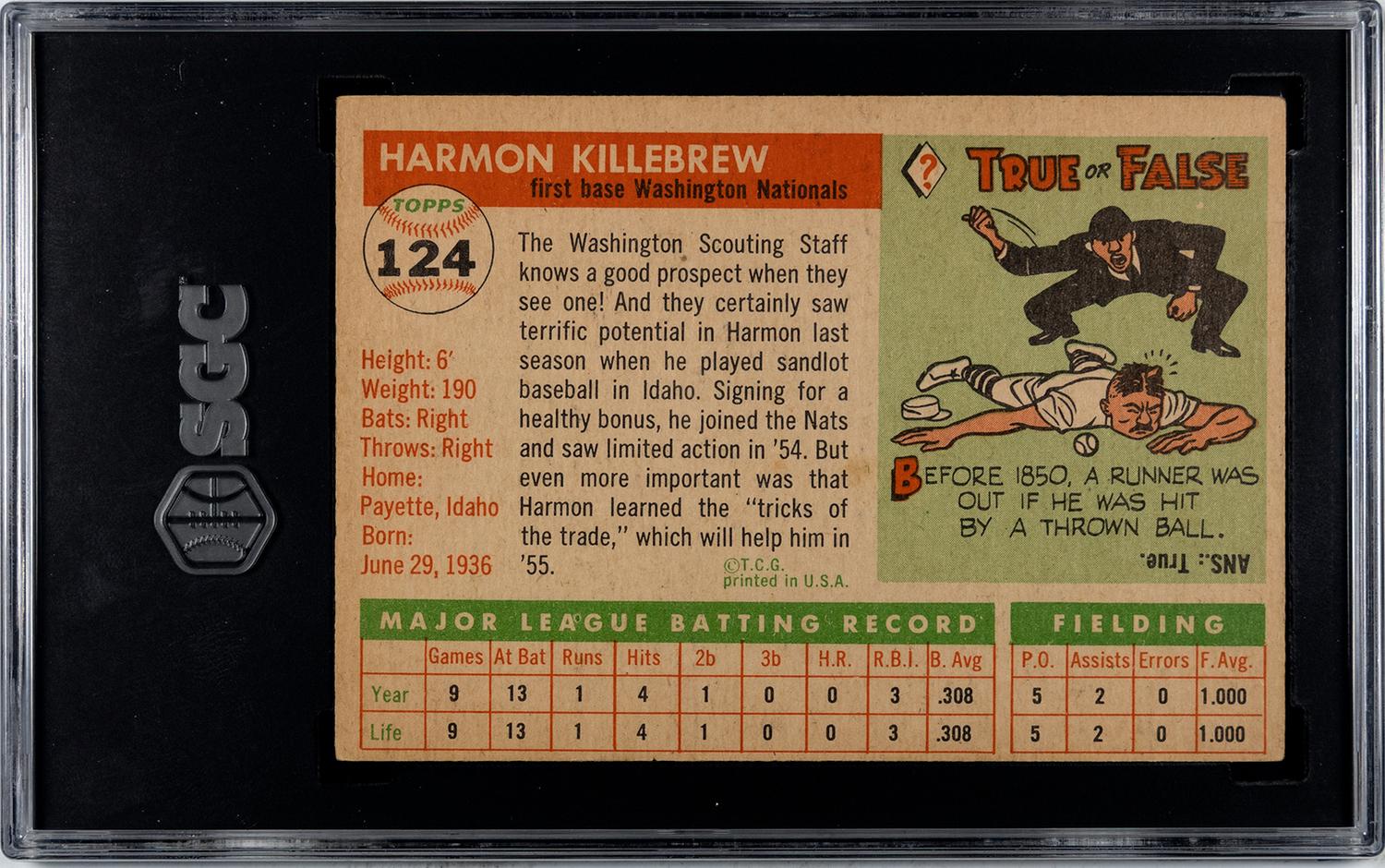 A 1955 Topps Harmon Killebrew Rookie Baseball Card No. 124 (SGC 4.5 VG/EX+)