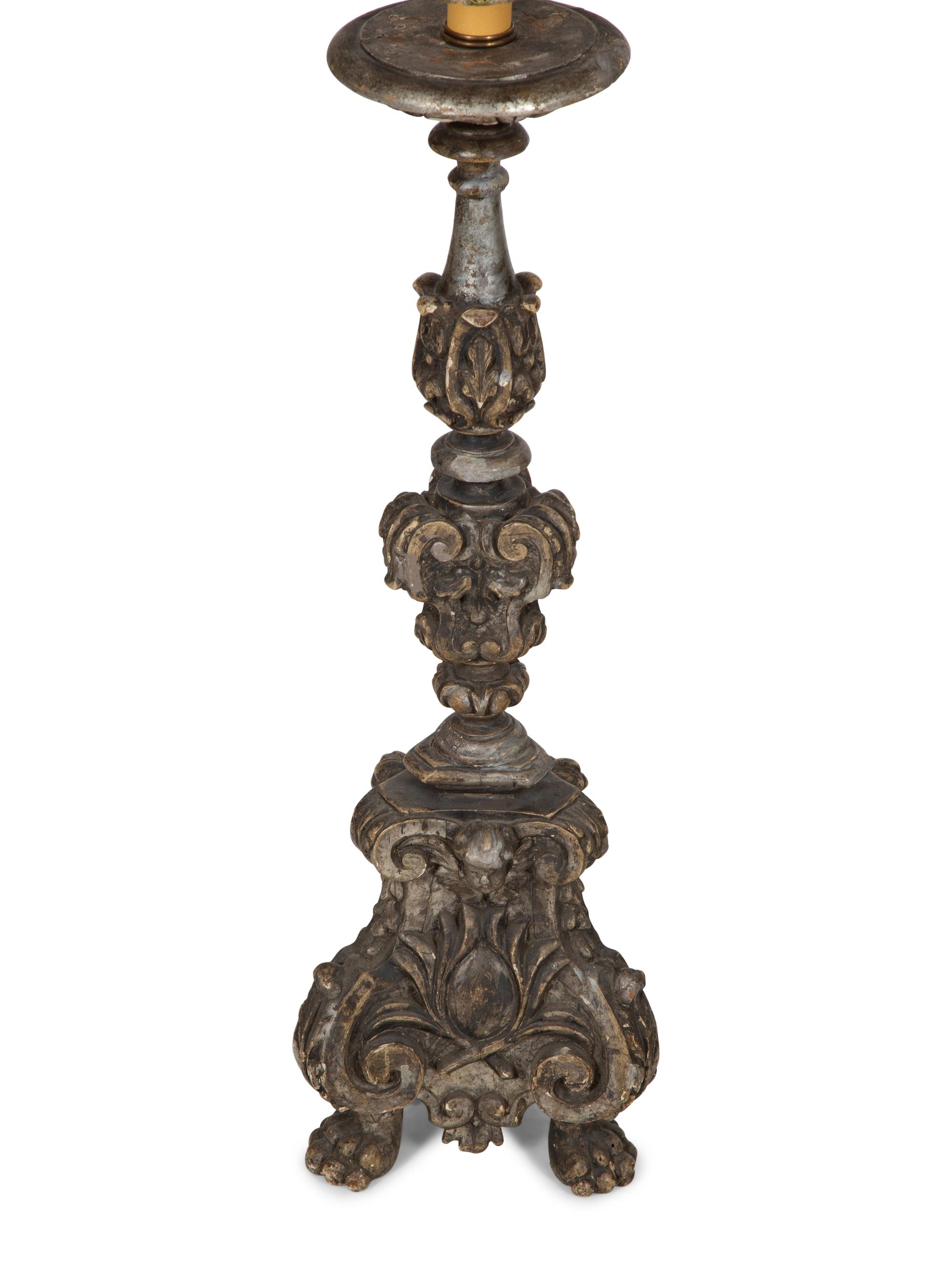 A Pair of Italian Carved and Silvered Wood Pricket Sticks