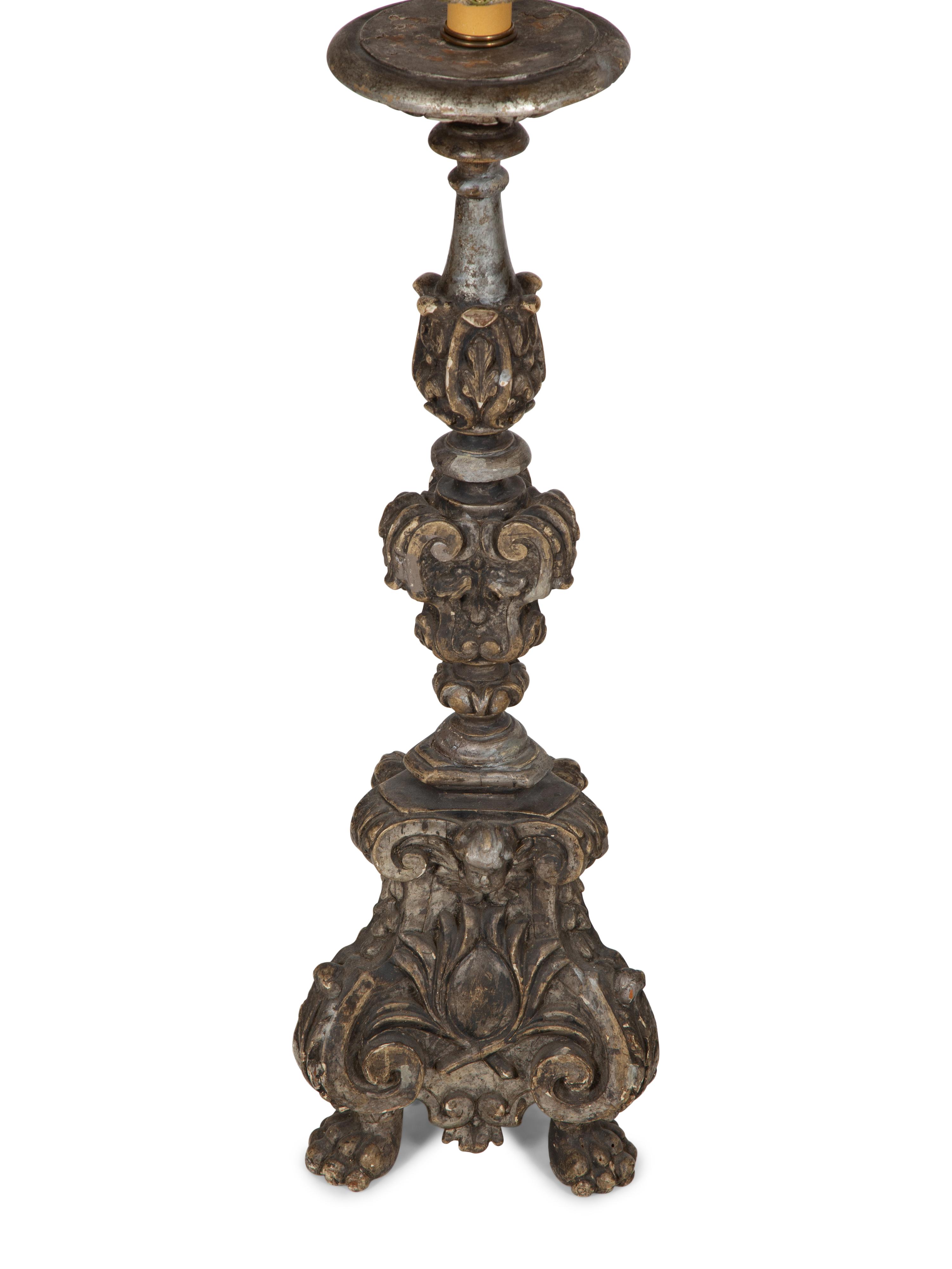 A Pair of Italian Carved and Silvered Wood Pricket Sticks