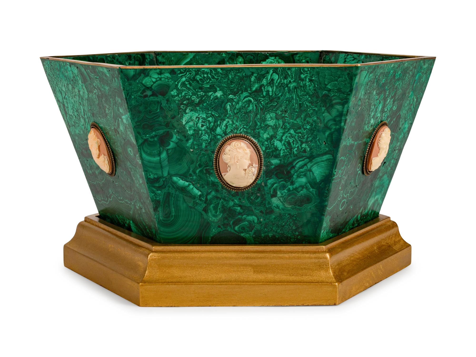 A Pair of Malachite and Giltwood Hexagonal Jardinières