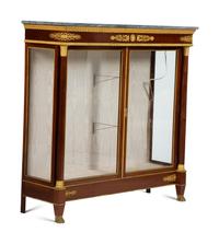A Pair of Empire Style Gilt Bronze Mounted Mahogany Marble Top Vitrine Cabinets