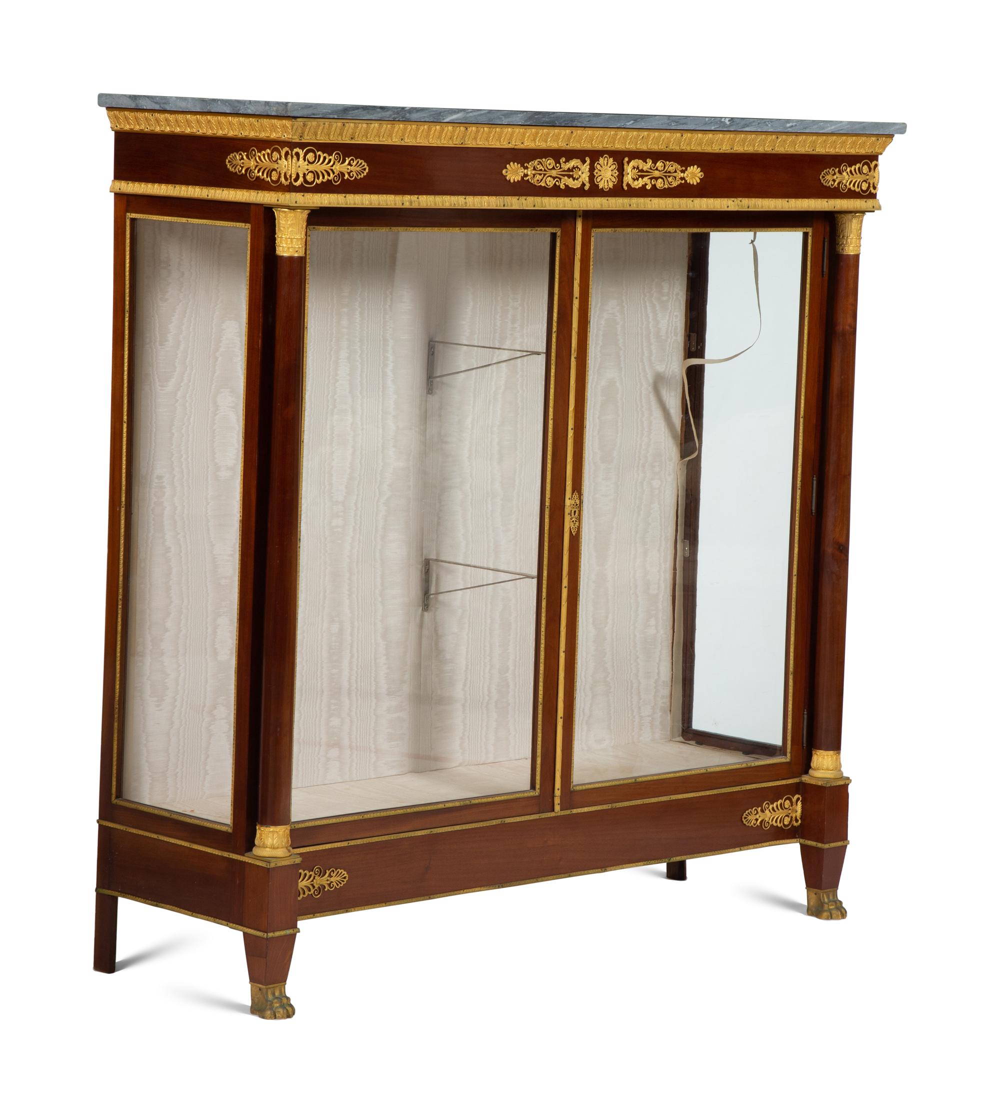 A Pair of Empire Style Gilt Bronze Mounted Mahogany Marble Top Vitrine Cabinets