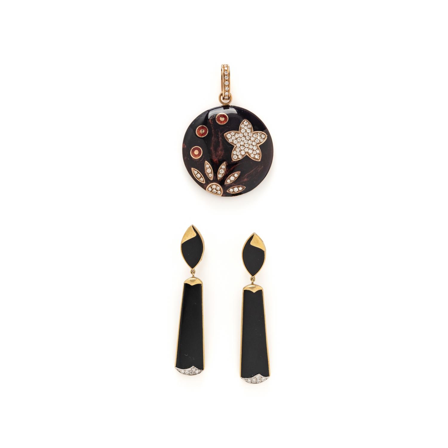 YELLOW GOLD, ONYX, ENAMEL, AND DIAMOND EARRINGS AND PENDANT
