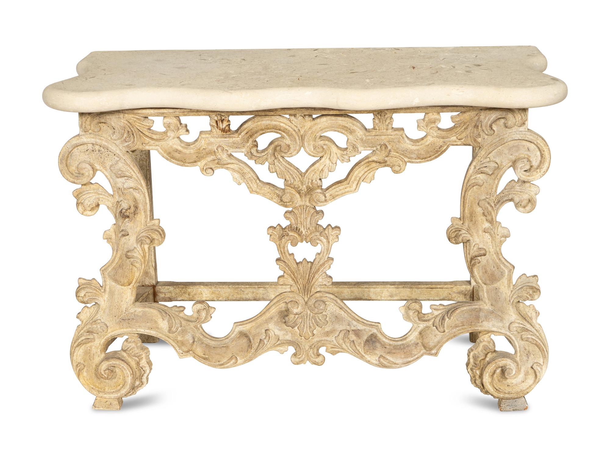 A Pair of Venetian Style Cream-Painted Marble Top Consoles