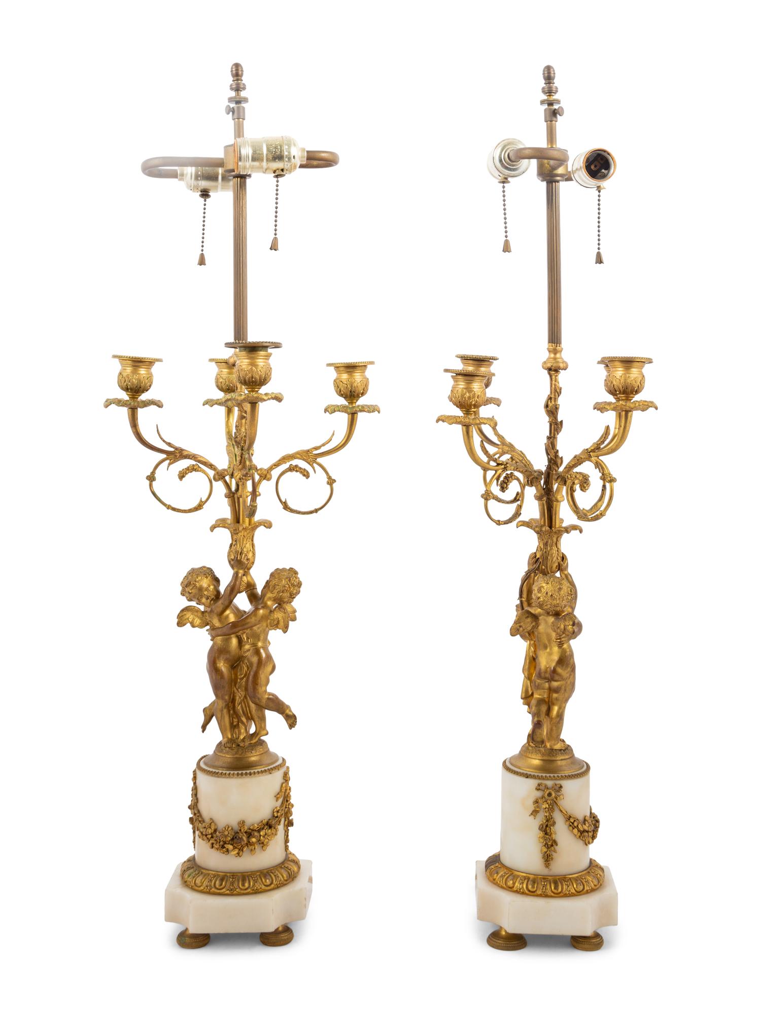 A Pair of French Gilt Bronze and Marble Candelabra Mounted as Lamps
