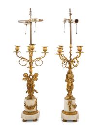 A Pair of French Gilt Bronze and Marble Candelabra Mounted as Lamps