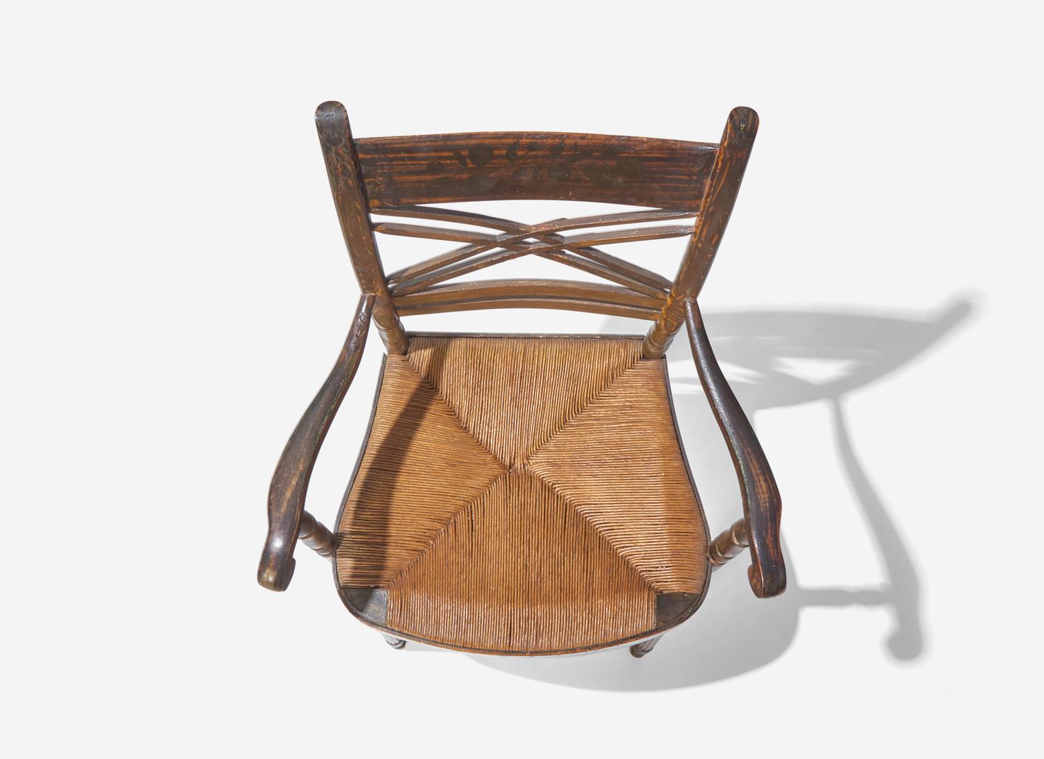 A Pair of Classical Grain Painted Rush Seat Armchairs