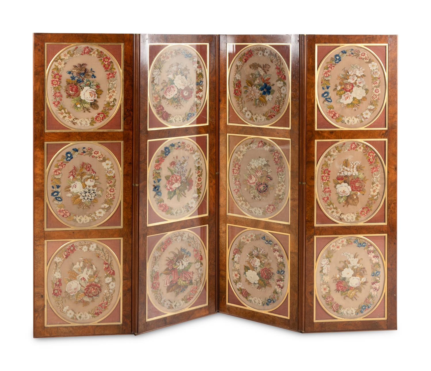 A Regency Style Needlepoint Panel Inset Burlwood Four-Panel Floor Screen