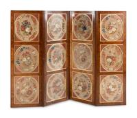 A Regency Style Needlepoint Panel Inset Burlwood Four-Panel Floor Screen