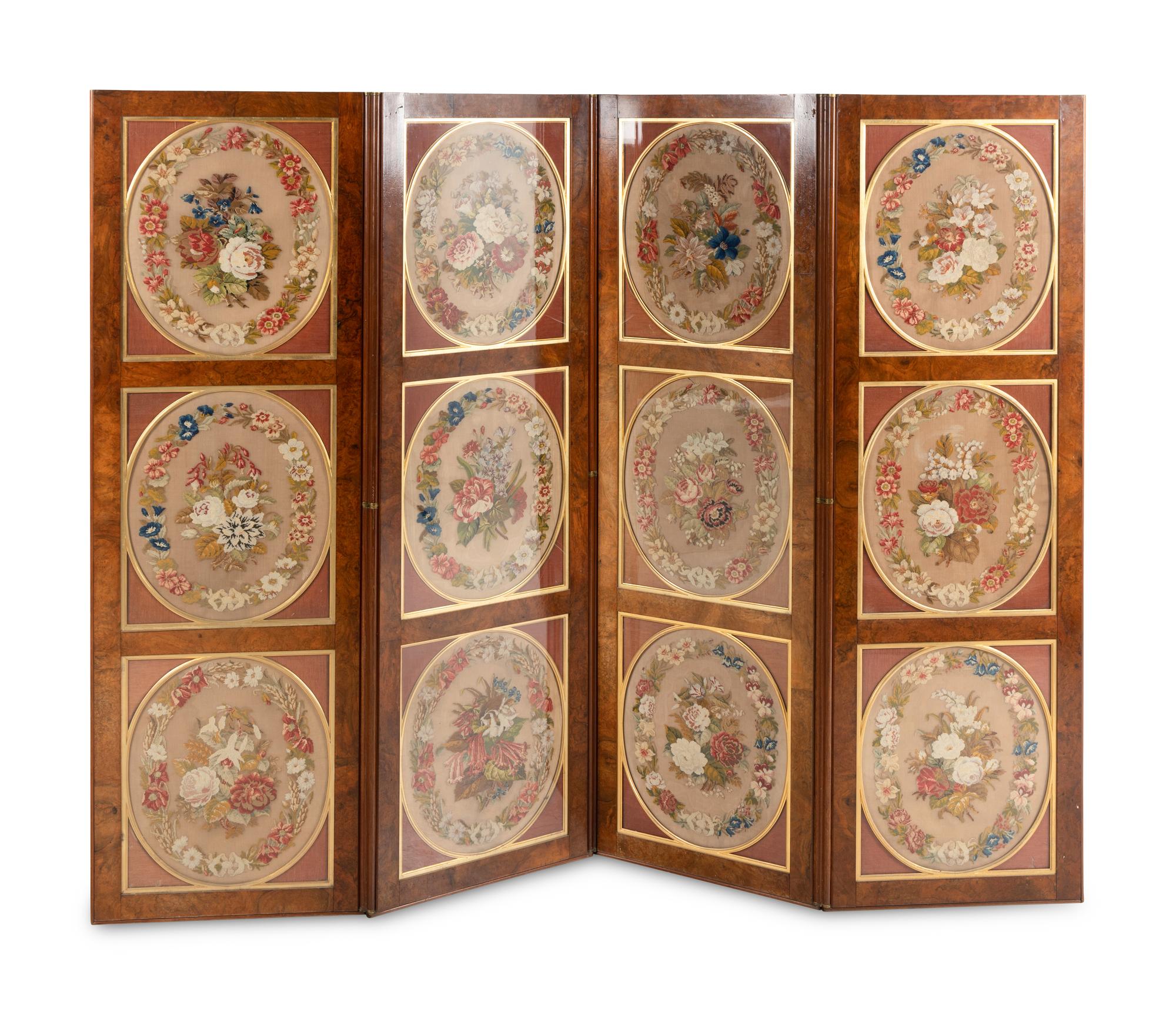 A Regency Style Needlepoint Panel Inset Burlwood Four-Panel Floor Screen