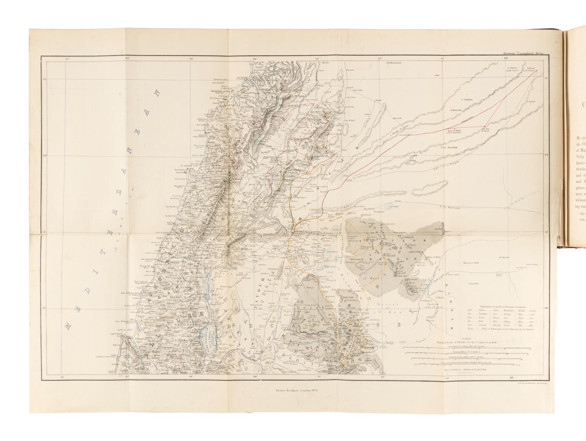 BURTON, Richard Francis, Sir (1821-1890), and Charles F. Tyrwhitt DRAKE (1846-1874). Unexplored Syria Visits to the Libanus, the Tulul el Safa, the Anti-Libanus, the Northern Libanus, and the 'Alah . London: Tinsley Brothers, 1872.