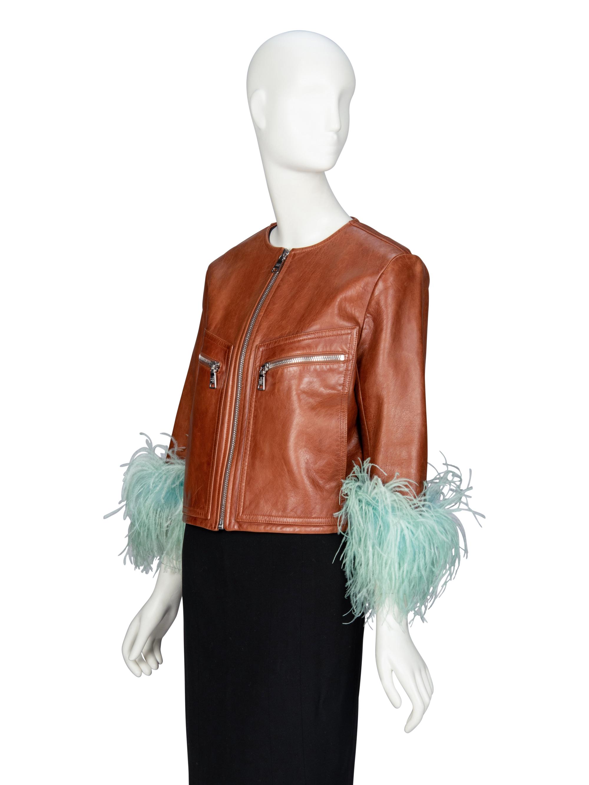 PRADA, FEATHER-TRIM LEATHER JACKET
