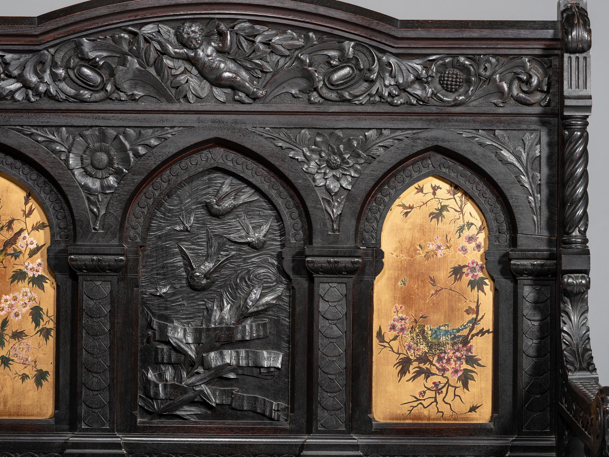 Cincinnati Art-Carved Bench with Inset Painted Panels, 1884