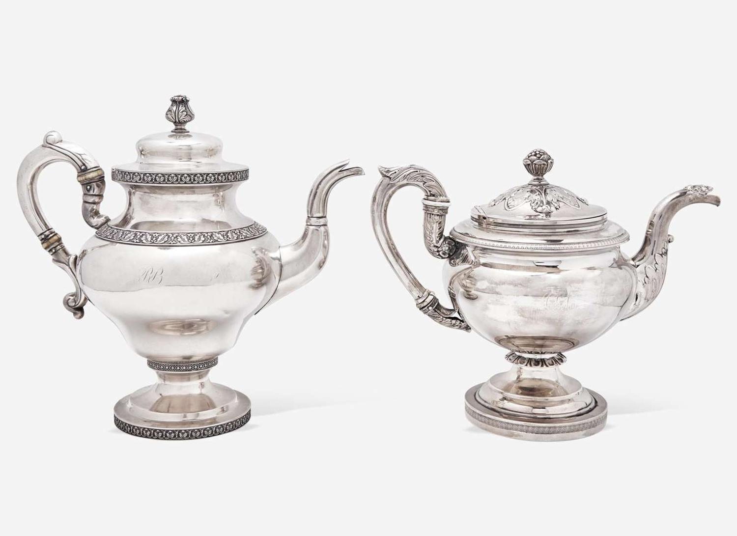 Two Federal coin silver coffeepots, Thomas Fletcher (1787-1866) and Baldwin Gardiner (1791-1868), Philadelphia, PA and New York, NY, circa 1830