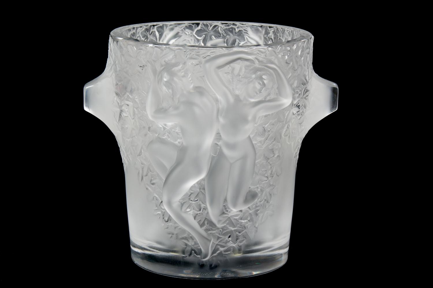 A Lalique Molded and Frosted Glass Ganymead Ice Bucket. Height 8 7/8 inches. — 20TH CENTURY