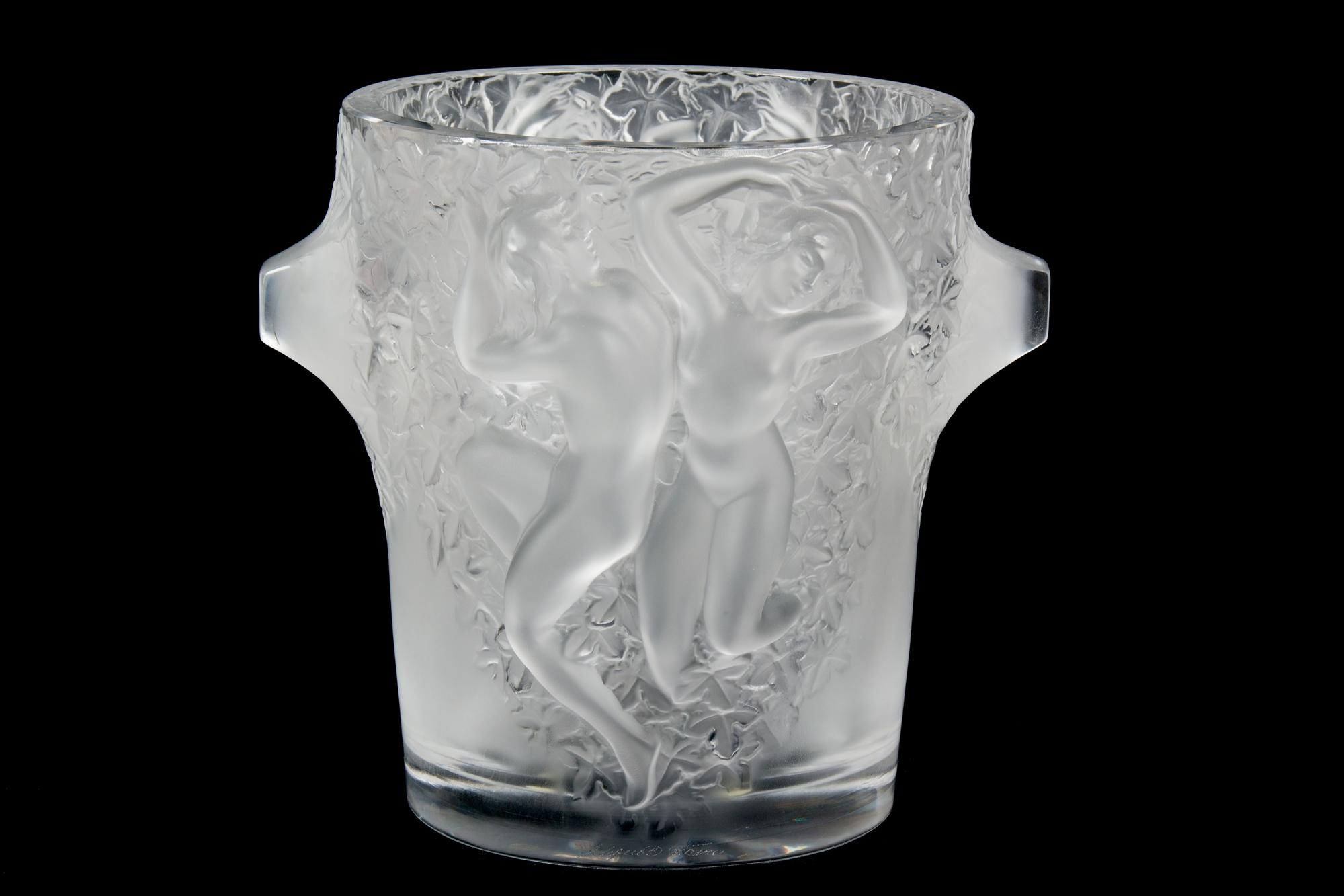 A Lalique Molded and Frosted Glass Ganymead Ice Bucket. Height 8 7/8 inches. — 20TH CENTURY