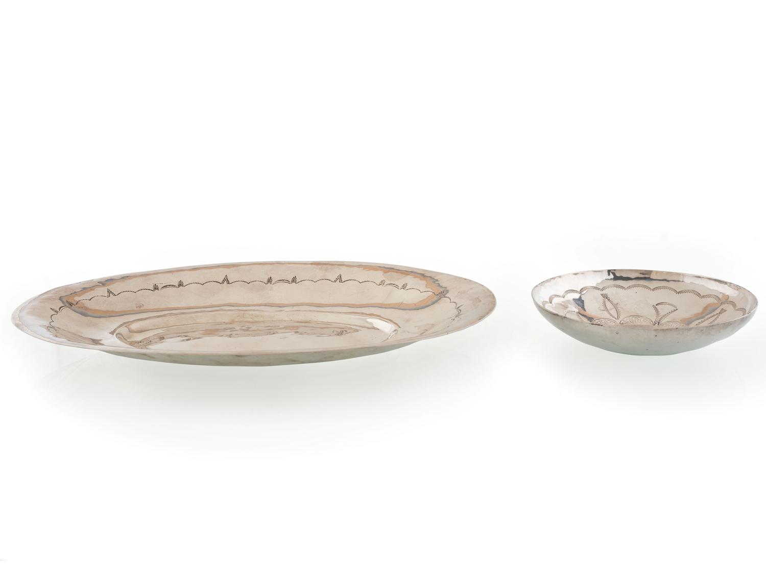 Pair of Navajo or Pueblo Stamped Silver Serving Dishes