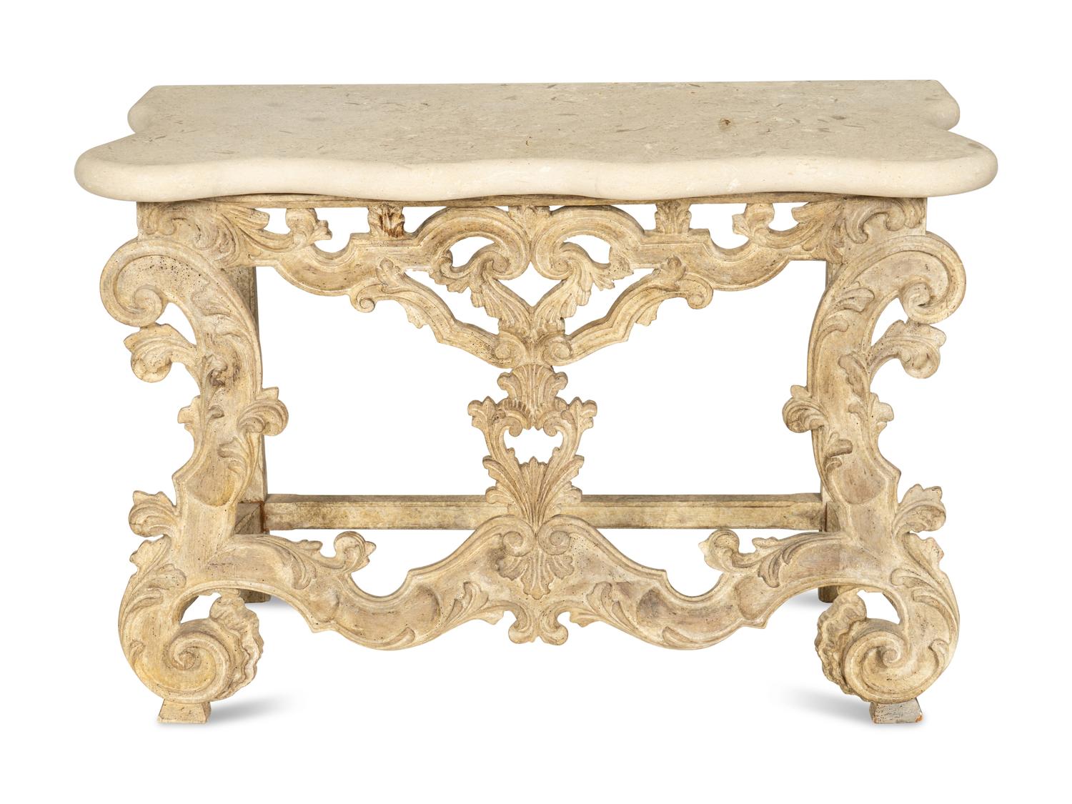 A Pair of Venetian Style Cream-Painted Marble Top Consoles