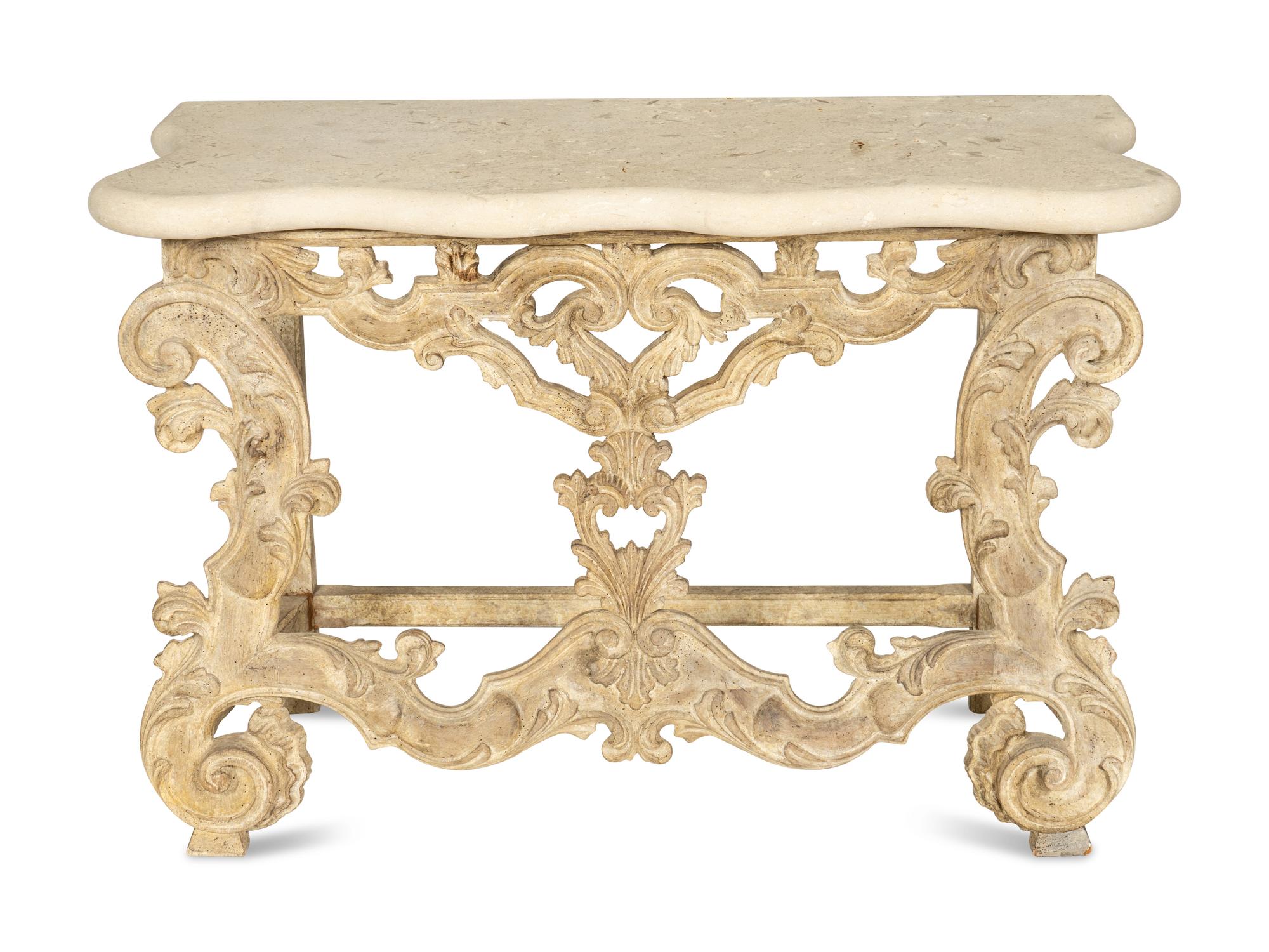 A Pair of Venetian Style Cream-Painted Marble Top Consoles