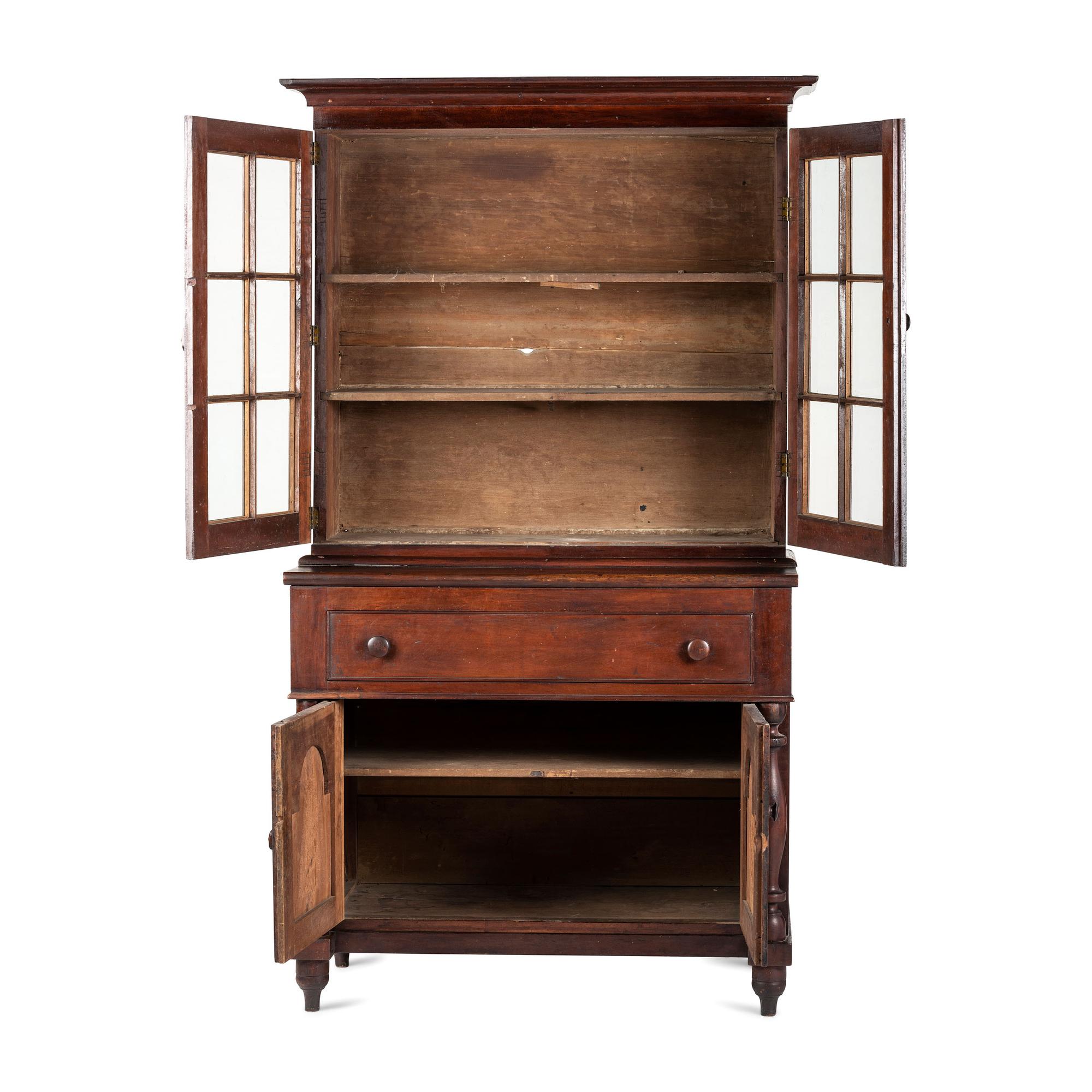 A Federal Turned and Paneled Cherrywood Glazed Stepback Cupboard