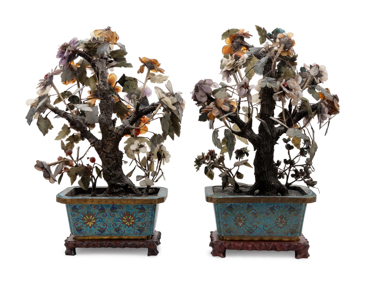 Two Chinese Hardstone Models of Flowering Trees in Cloisonné Bulb Dishes