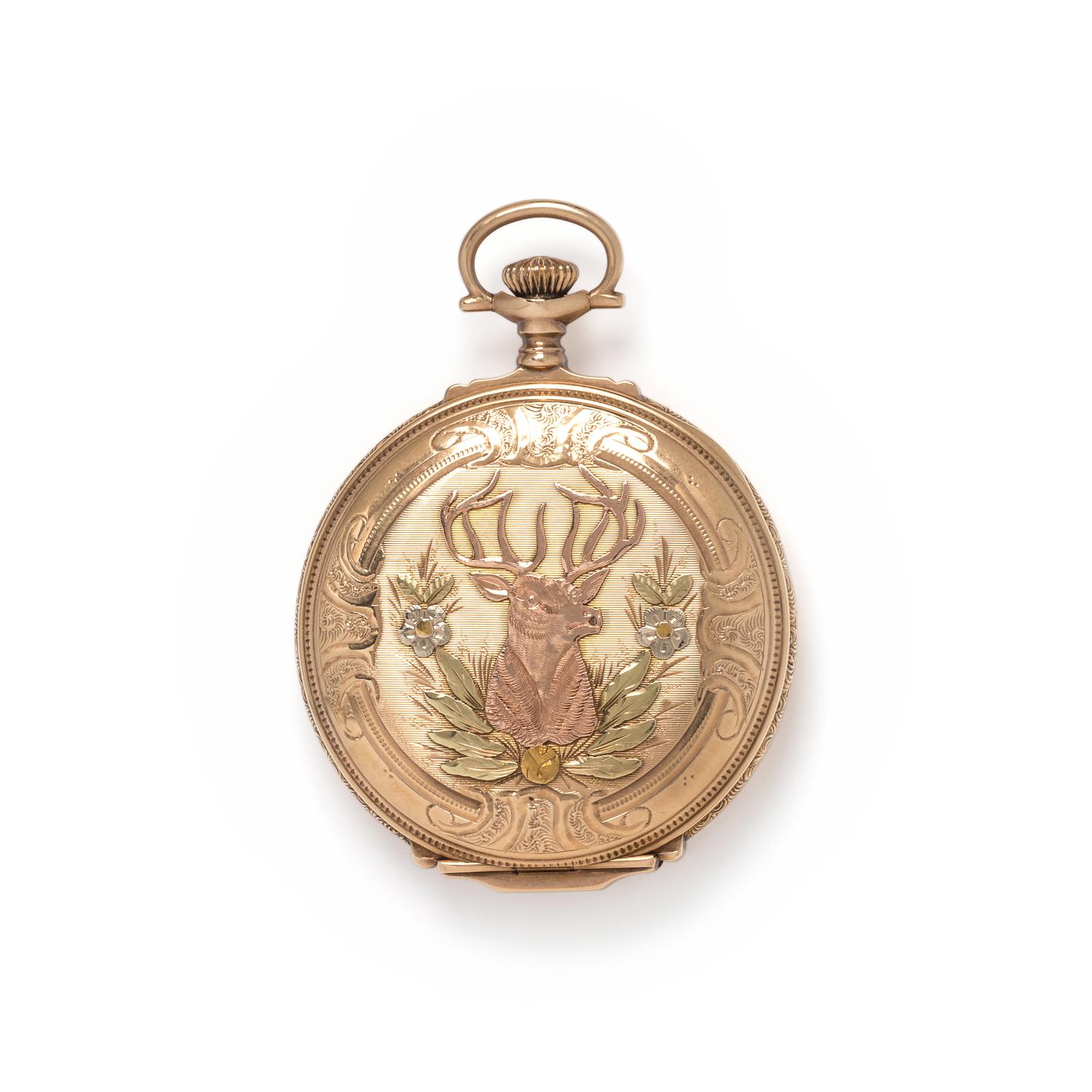 ELGIN, 14K TRICOLOR GOLD HUNTER CASE POCKET WATCH