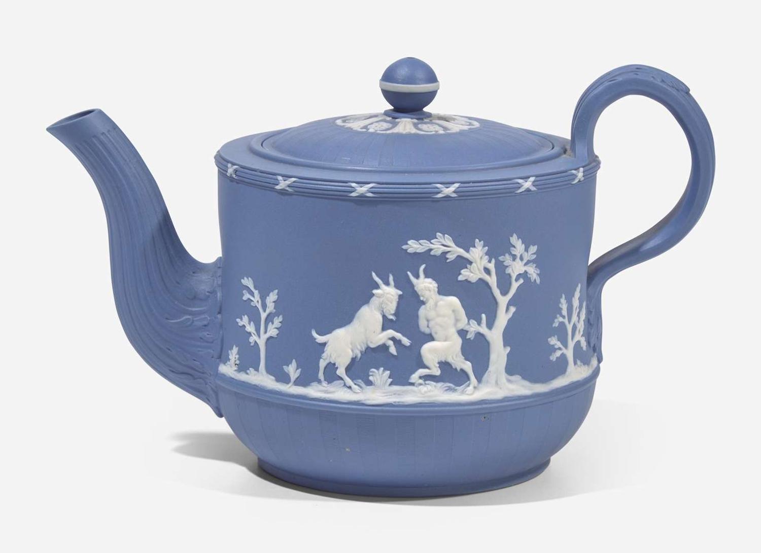 A Turner & Co. Solid Blue Engine Turned Jasperware Teapot, UK, circa 1790-1800