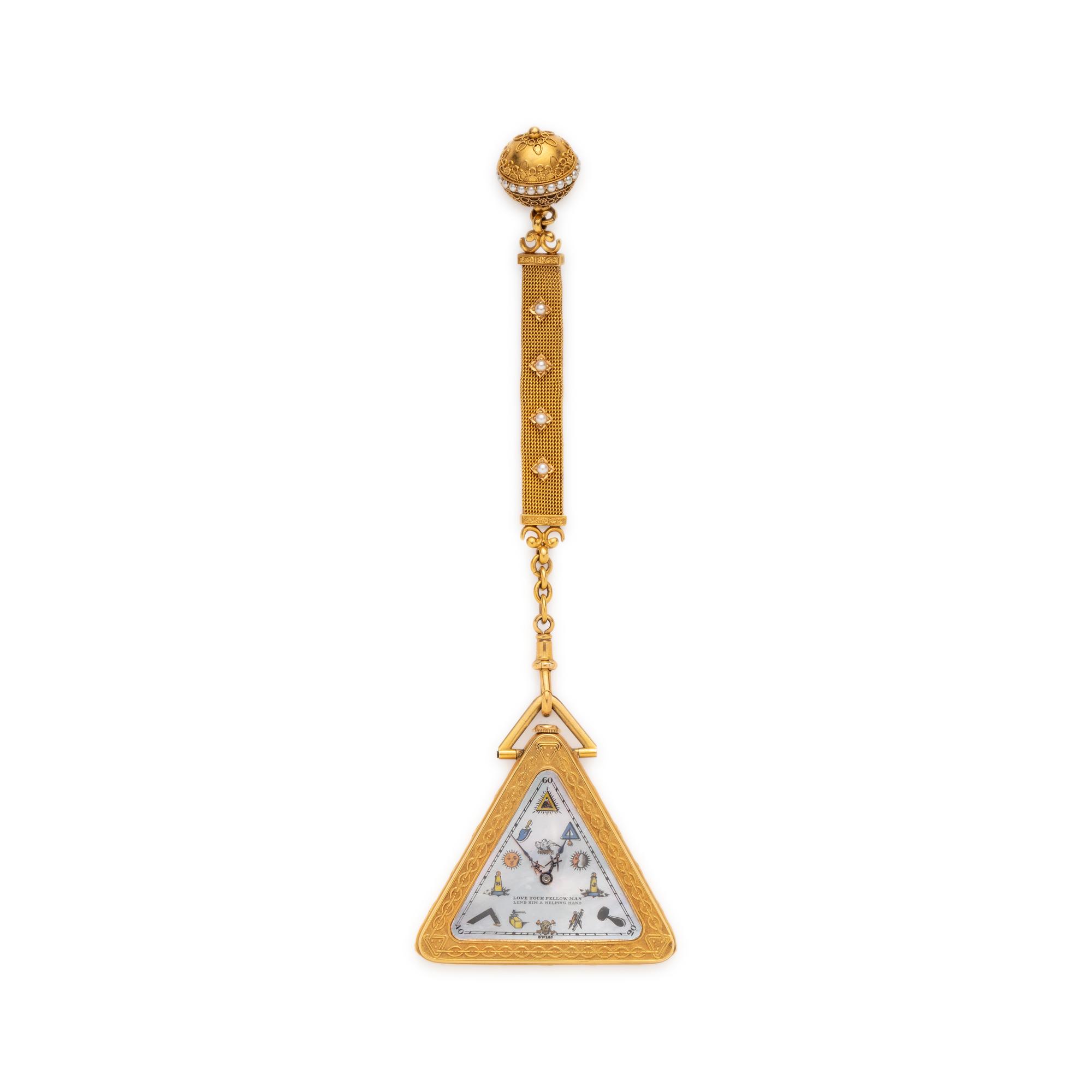 YELLOW GOLD MASONIC OPEN FACE POCKET WATCH AND FOB