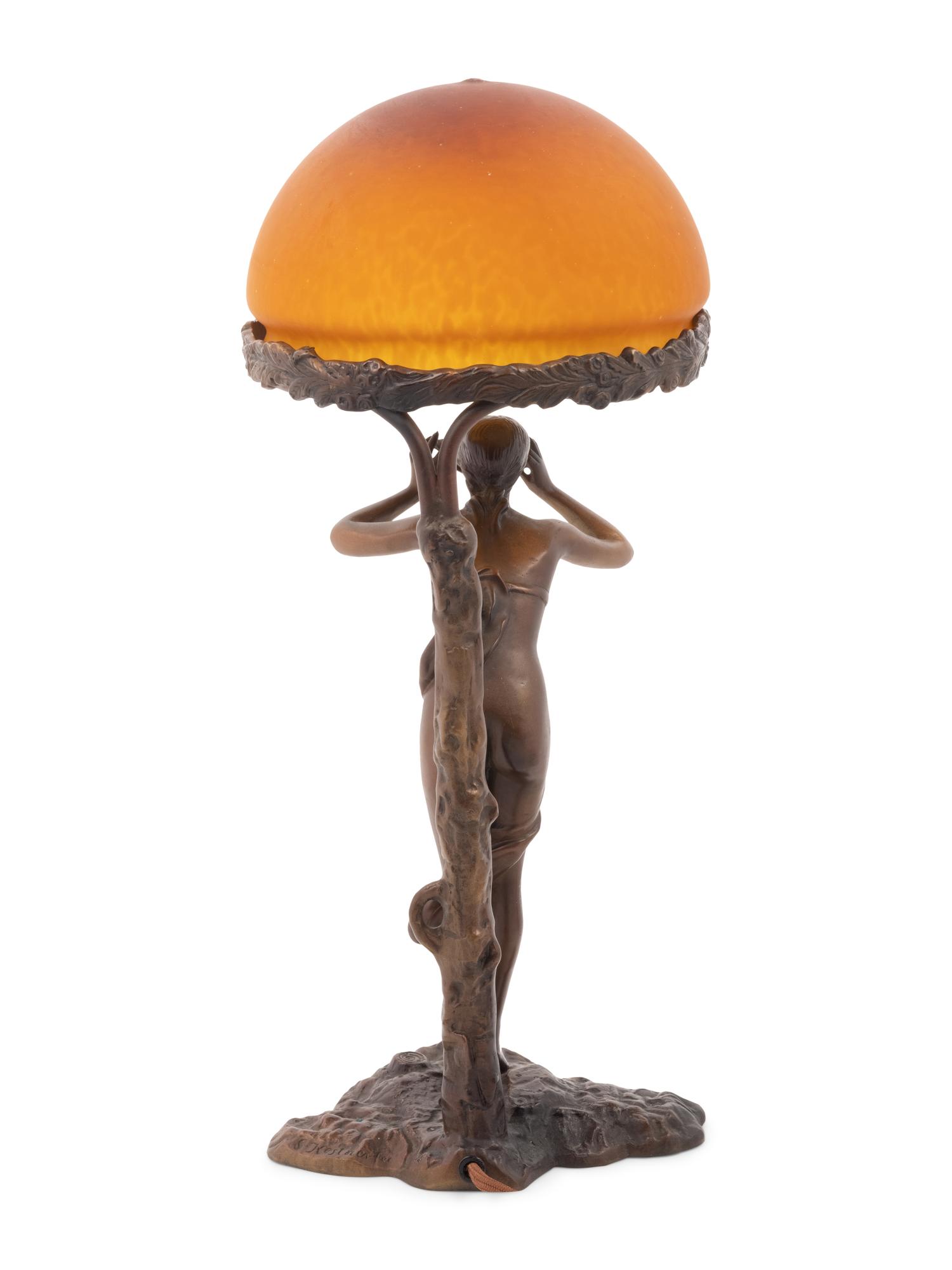 A Continental Bronze and Colored Glass Figural Lamp