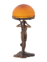 A Continental Bronze and Colored Glass Figural Lamp