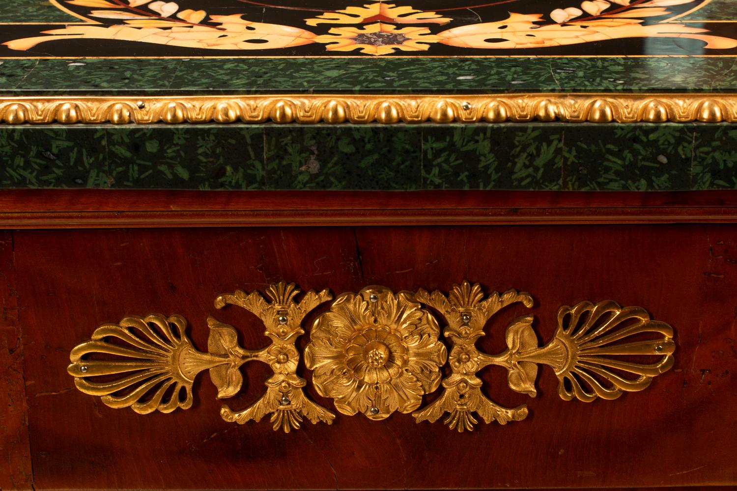 A Pair of Empire Style Gilt Bronze Mounted Cabinets with Specimen Marble Tops