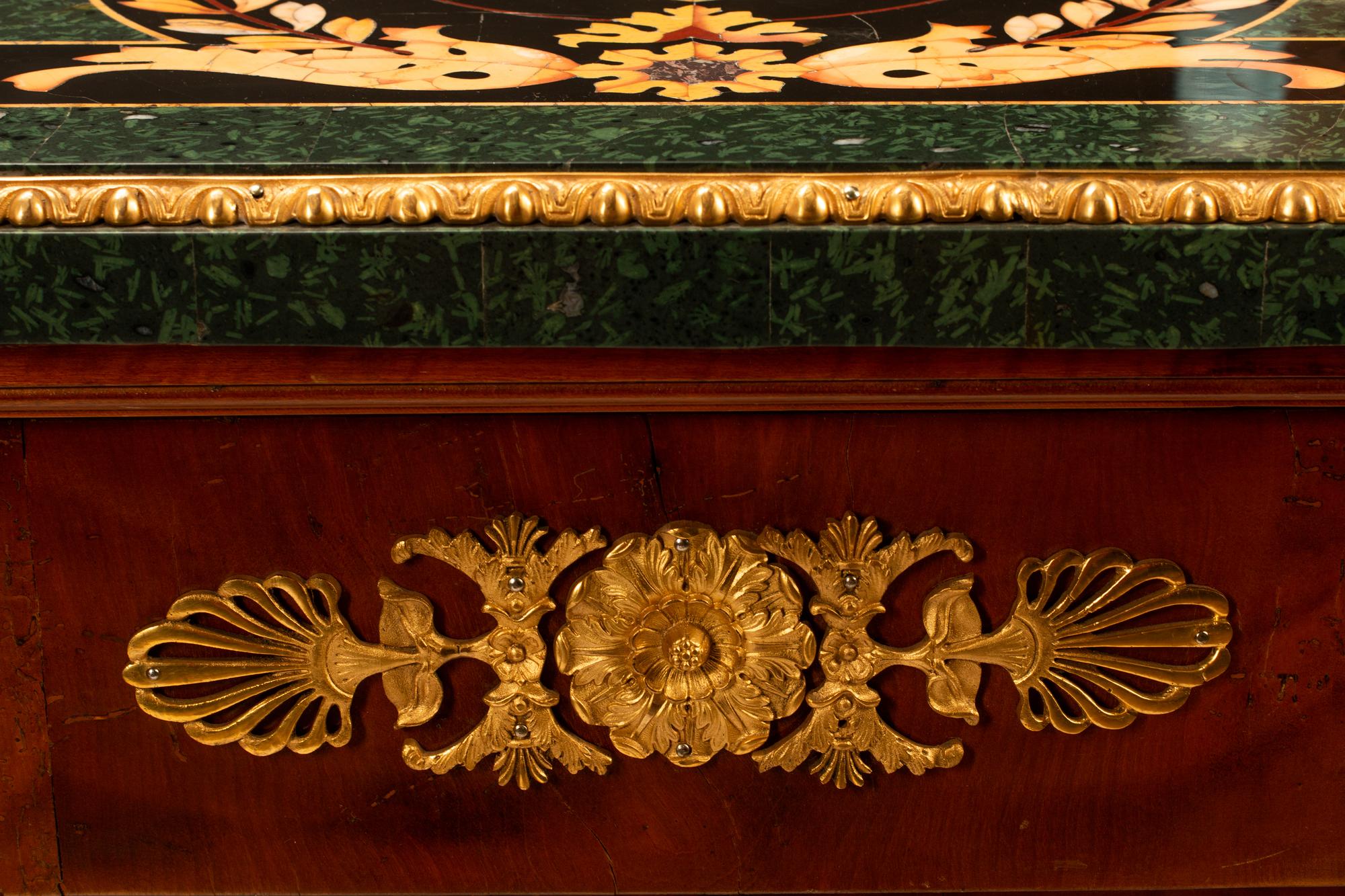 A Pair of Empire Style Gilt Bronze Mounted Cabinets with Specimen Marble Tops