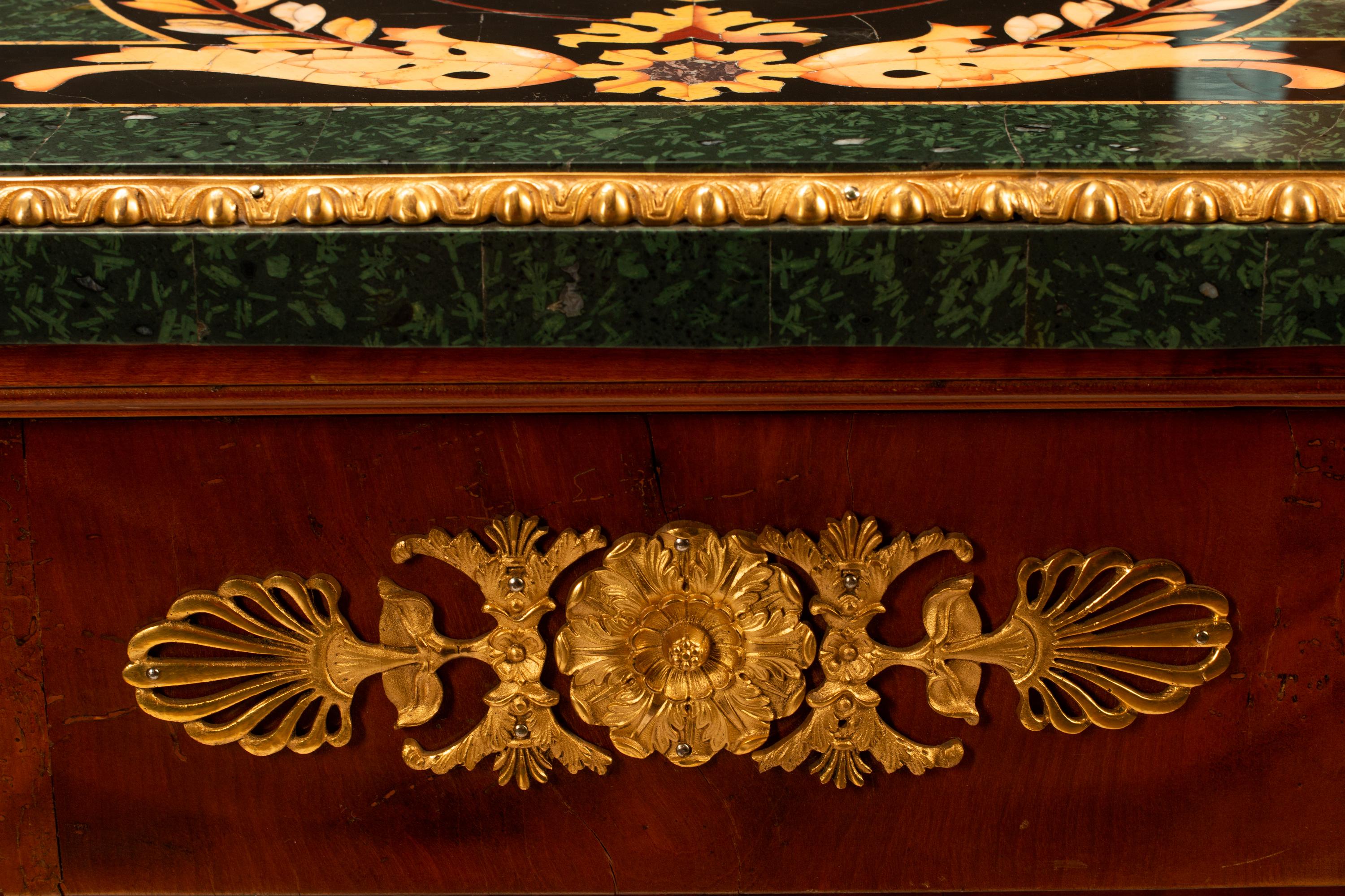 A Pair of Empire Style Gilt Bronze Mounted Cabinets with Specimen Marble Tops
