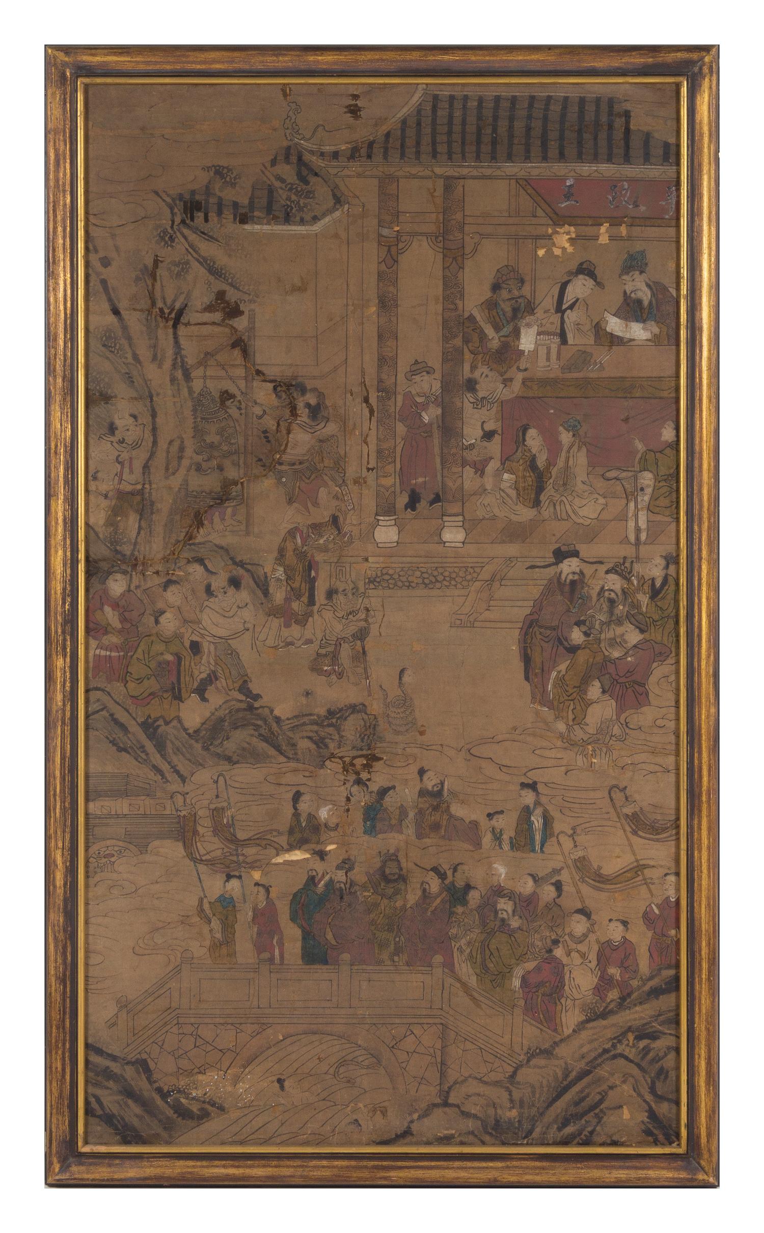 Three Ink and Color Paintings on Paper Each 60 1/2 x 33 1/2 inches (image). — 19TH CENTURY