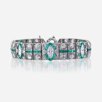 An Art Deco diamond, emerald, and platinum bracelet