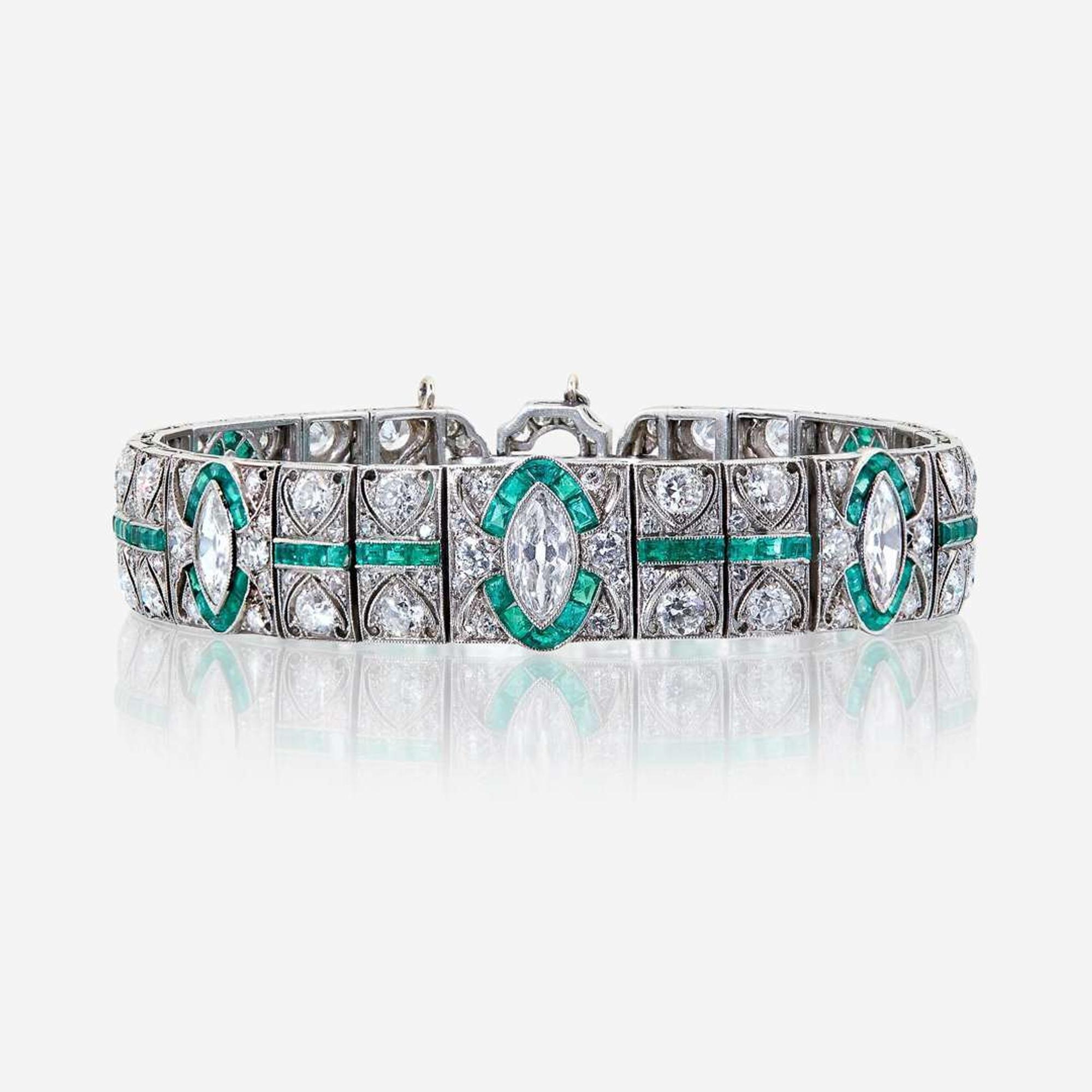 An Art Deco diamond, emerald, and platinum bracelet