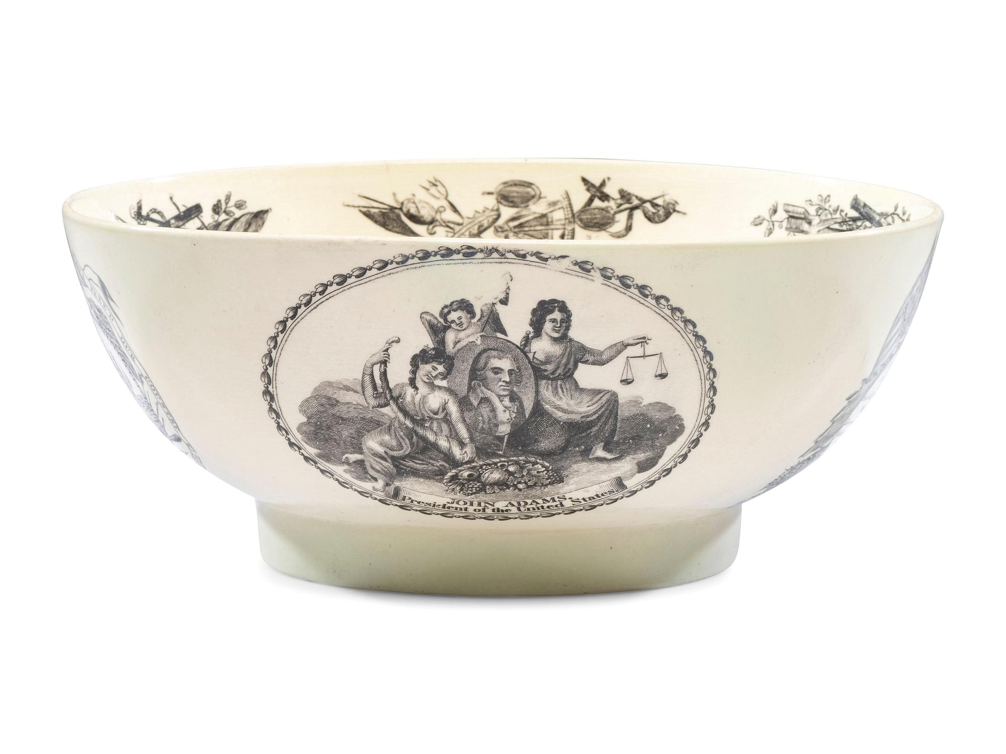 A Liverpool Transfer-Printed Creamware 'John Adams' Punch Bowl