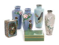 Six Japanese Cloisonne Enamel Articles Height of tallest 7 1/4 inches.