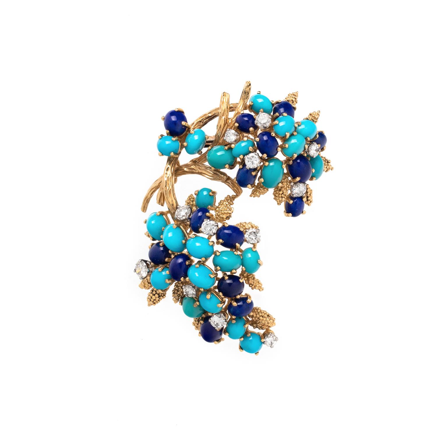 CARTIER, TURQUOISE, LAPIS LAZULI AND DIAMOND BROOCH