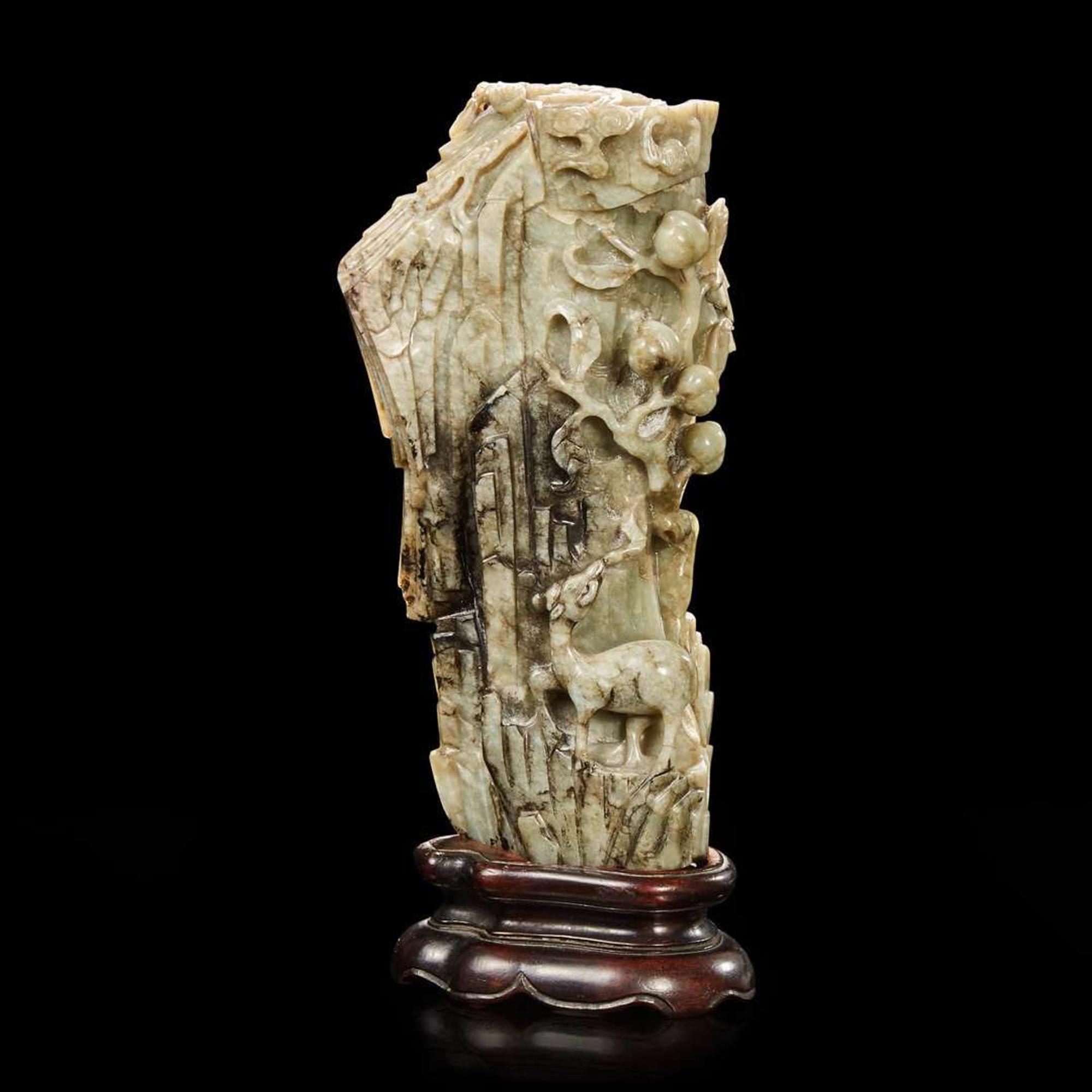 A Chinese carved grey jade "mountain" 提油灰玉山子 Ming dynasty or later
