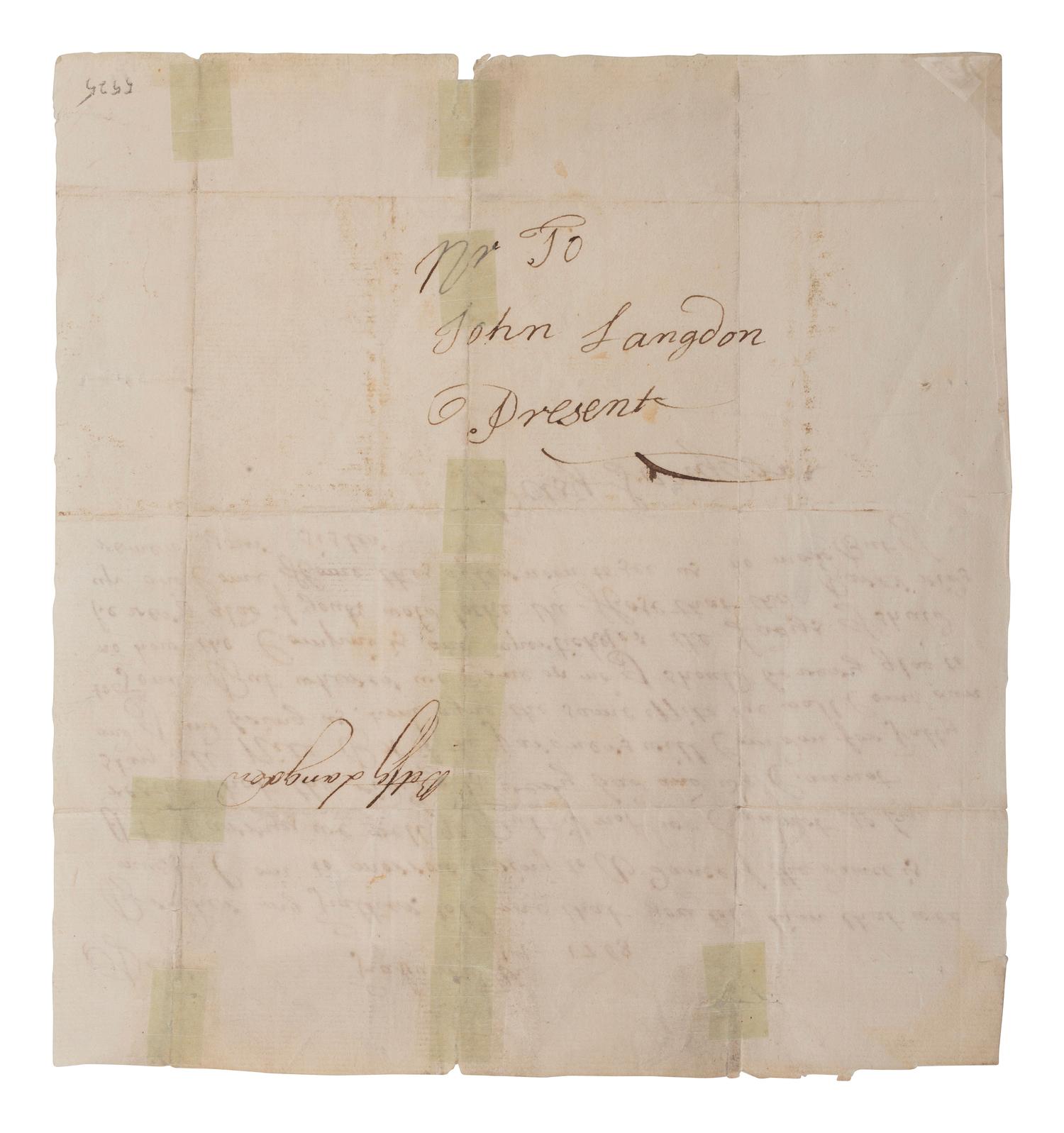[SIGNER]. LANGDON, John (1741-1819). Letter signed ("John Langdon"). Portsmouth, NH. 16 July 1762. [ With: ] LANGDON, Betsy. ALS 1763.