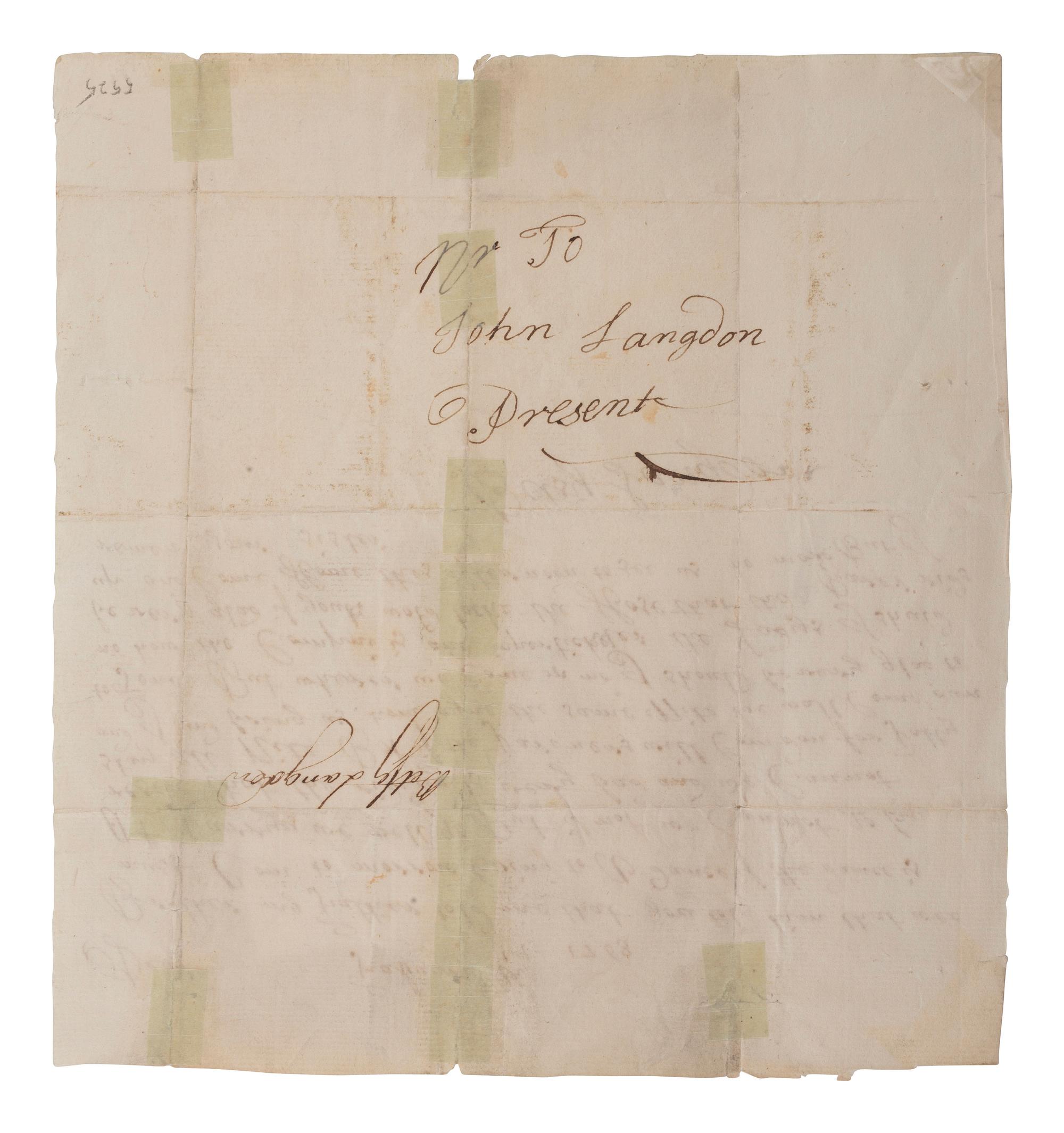 [SIGNER]. LANGDON, John (1741-1819). Letter signed ("John Langdon"). Portsmouth, NH. 16 July 1762. [ With: ] LANGDON, Betsy. ALS 1763.